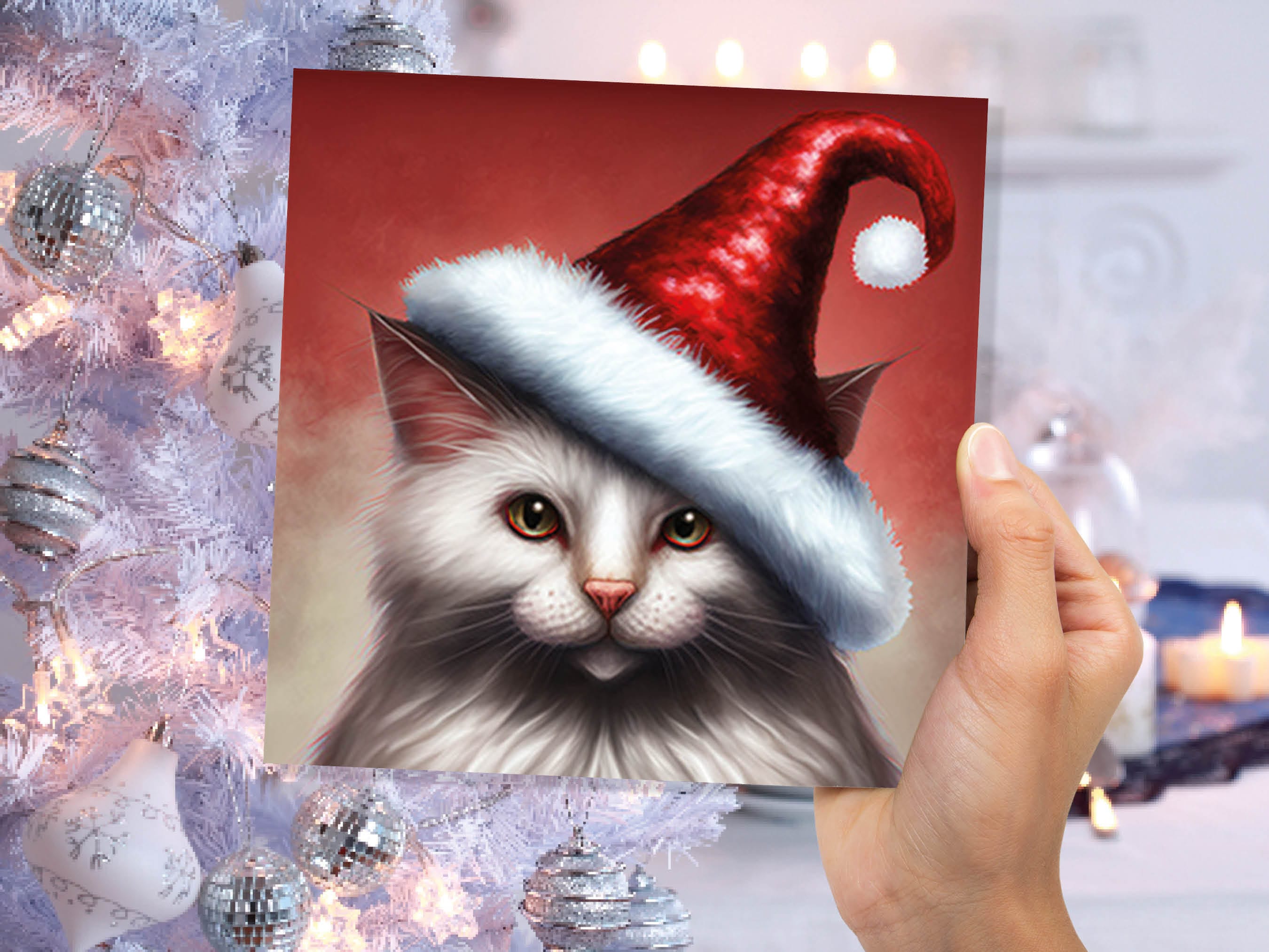 White Cat Christmas Card Long Haired Kitty Wearing Cute Red Santa Hat Festive with Amber Eyes Greetings Cards For Family Friends Xmas 2025 - View 3