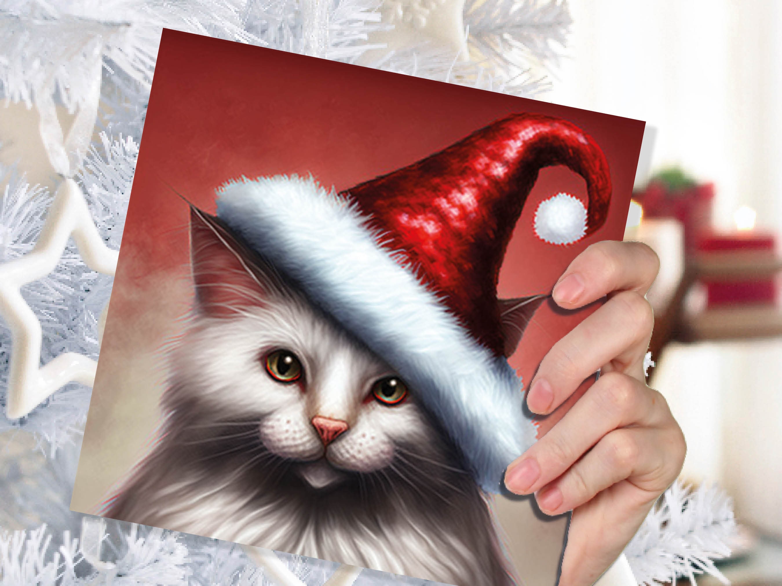White Cat Christmas Card Long Haired Kitty Wearing Cute Red Santa Hat Festive with Amber Eyes Greetings Cards For Family Friends Xmas 2025 - View 6