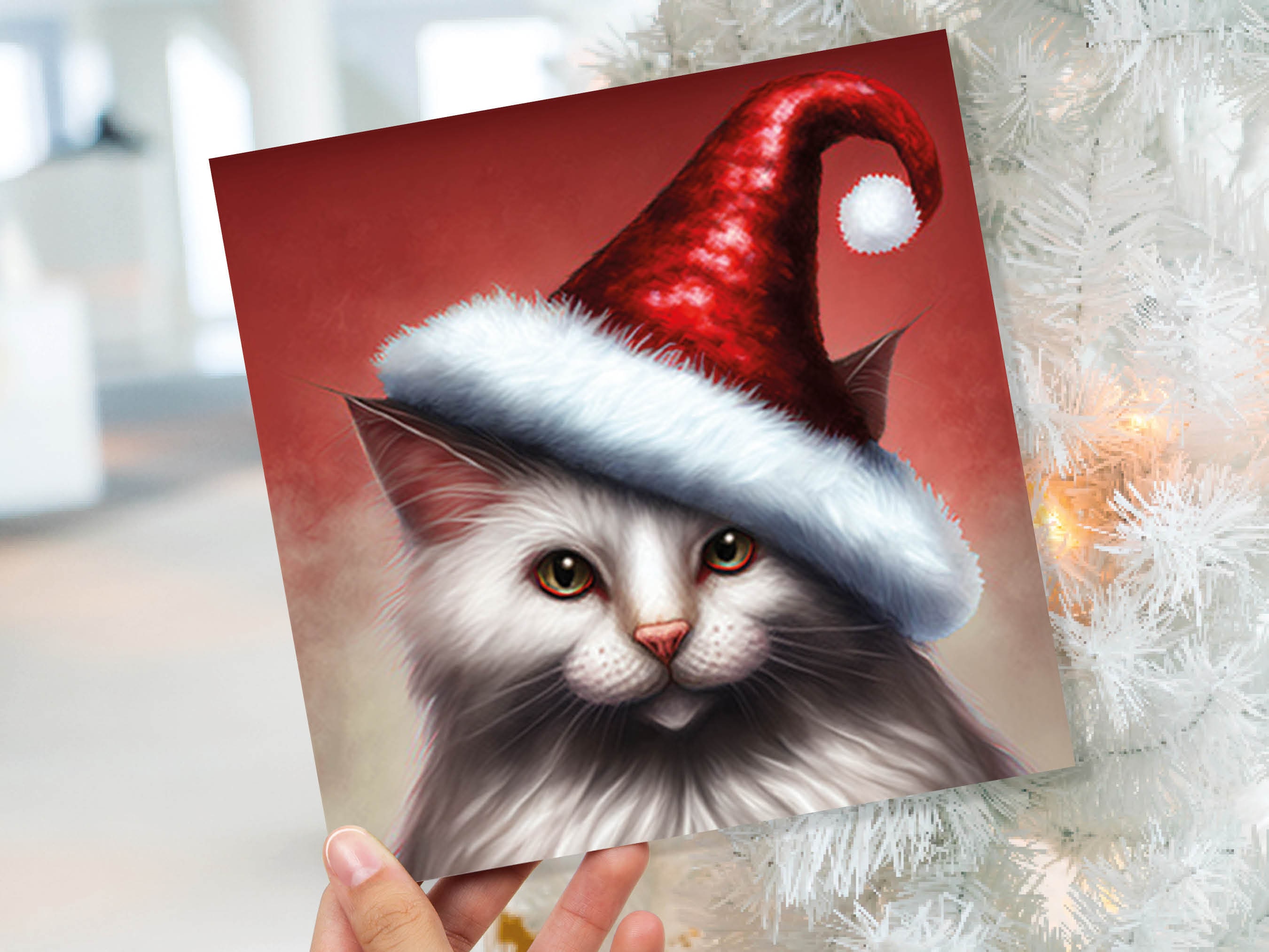 White Cat Christmas Card Long Haired Kitty Wearing Cute Red Santa Hat Festive with Amber Eyes Greetings Cards For Family Friends Xmas 2025 - View 9