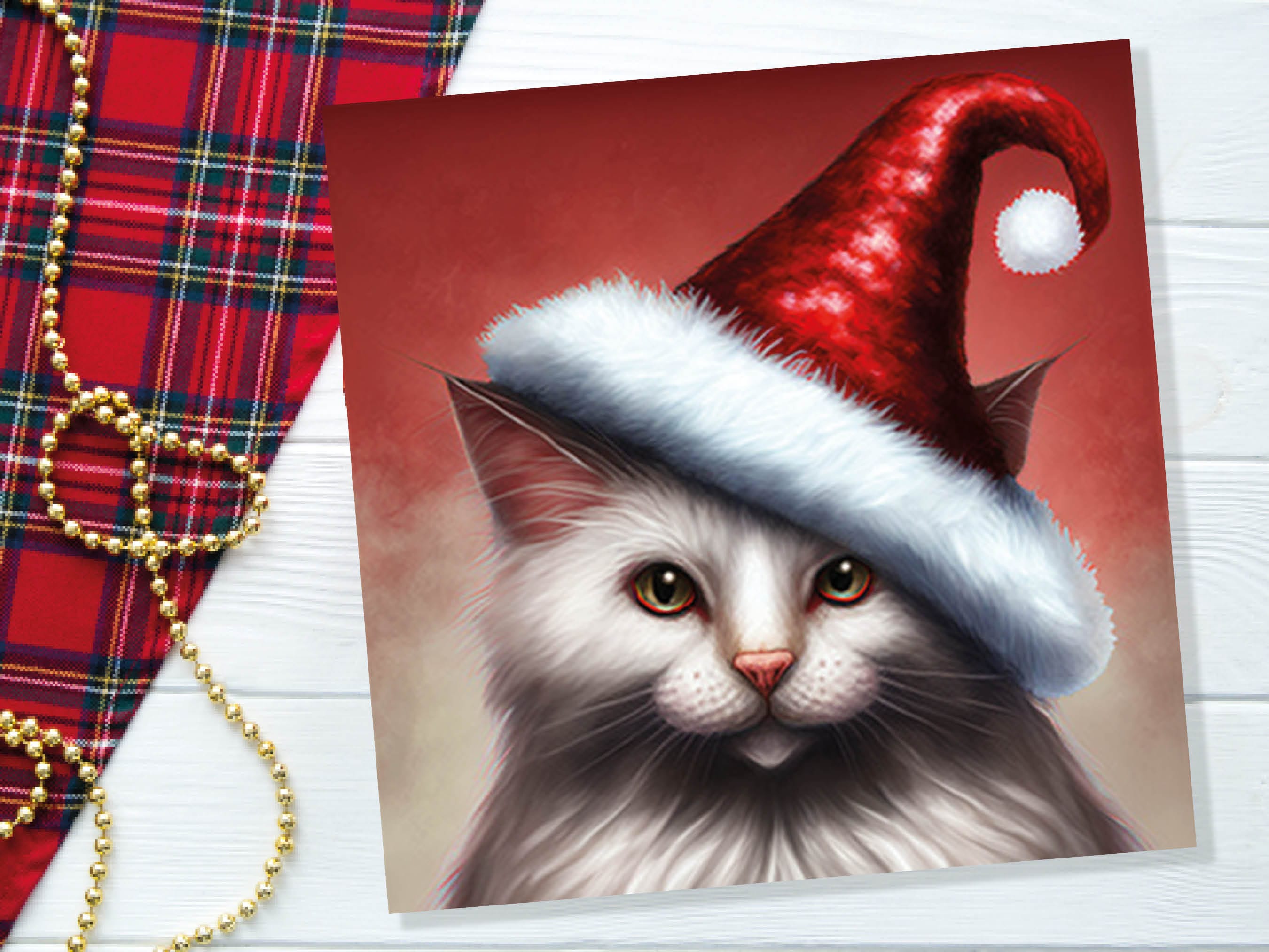 White Cat Christmas Card Long Haired Kitty Wearing Cute Red Santa Hat Festive with Amber Eyes Greetings Cards For Family Friends Xmas 2025 - View 5