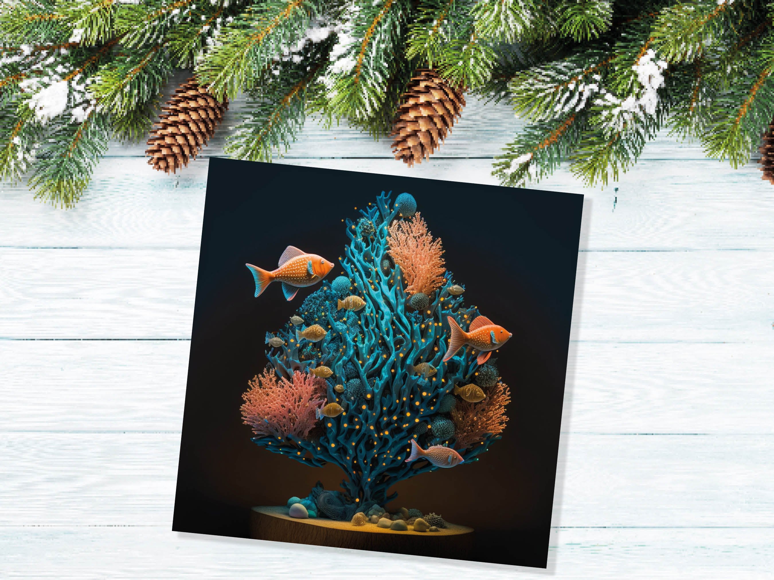 Coral Christmas Tree Card Underwater Ocean Scene Aqua Blue and Orange Sea Life Swim Fish Unique Greetings Cards For Family Friends Xmas 2025 - View 4