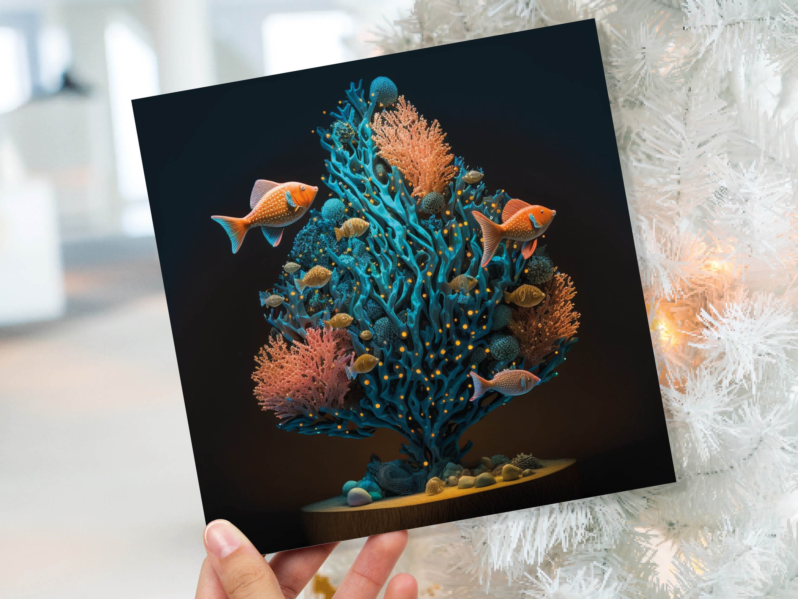 Coral Christmas Tree Card Underwater Ocean Scene Aqua Blue and Orange Sea Life Swim Fish Unique Greetings Cards For Family Friends Xmas 2025 - View 9