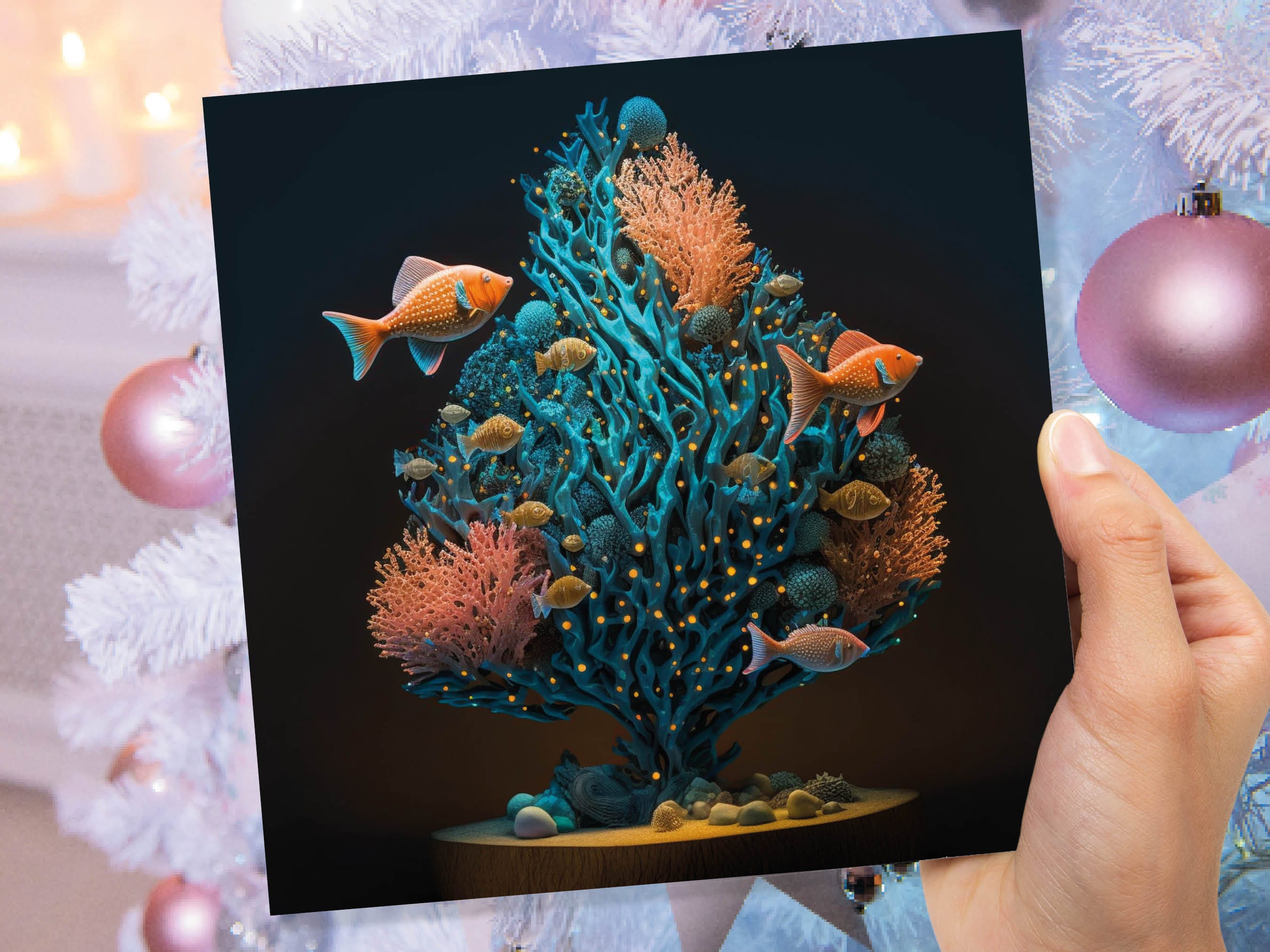 Coral Christmas Tree Card Underwater Ocean Scene Aqua Blue and Orange Sea Life Swim Fish Unique Greetings Cards For Family Friends Xmas 2025 - View 7
