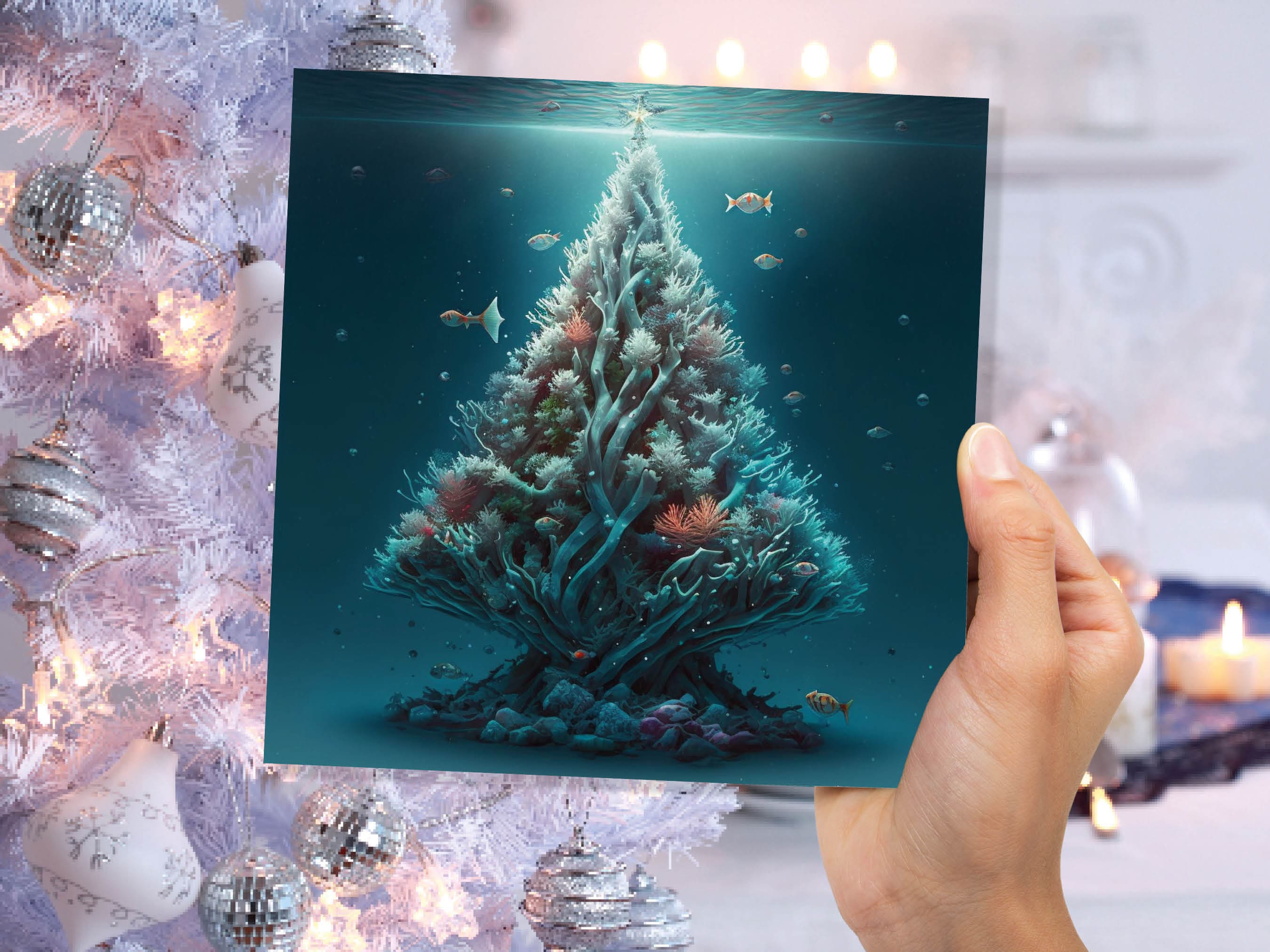 Underwater Coral Tree Card Ocean Marine Scene Blue Under the Sea Life Swimming Fish Unique Greetings Cards For Family Friend Xmas 2025 Diver - View 3
