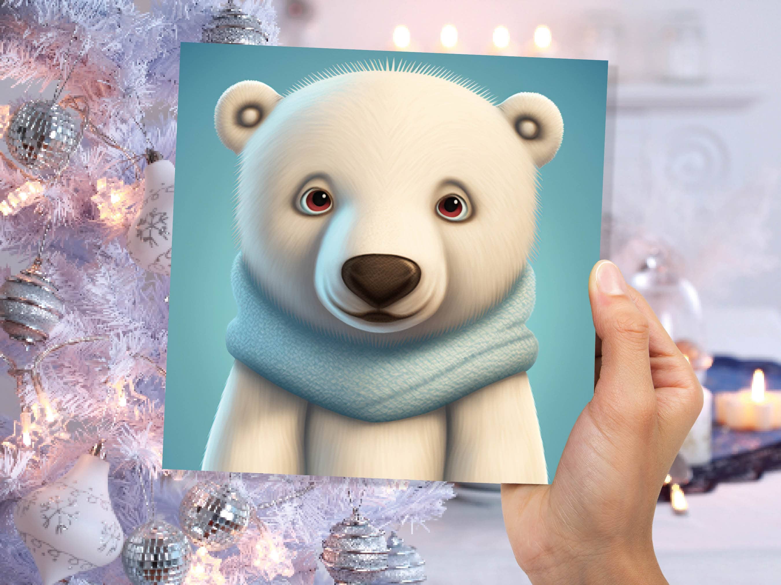 Polar Bear Card Cute Light Baby Blue and White Winter Cub Wearing Scarf Design Greetings Cards For Family Best Friends Xmas 2025 Thank You - View 3