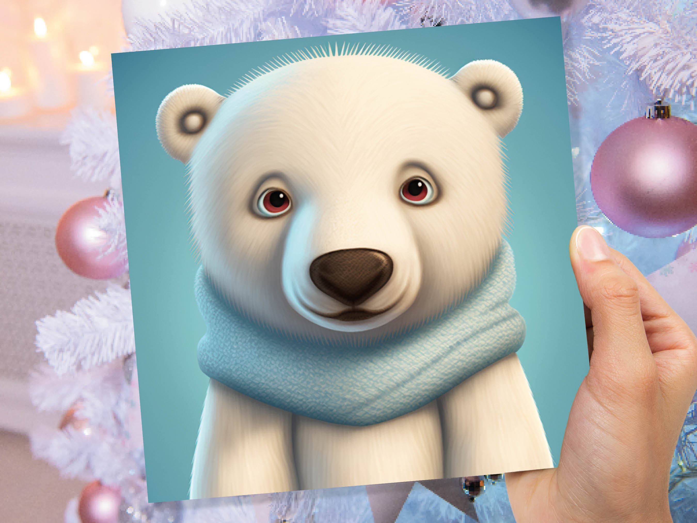 Polar Bear Card Cute Light Baby Blue and White Winter Cub Wearing Scarf Design Greetings Cards For Family Best Friends Xmas 2025 Thank You - View 7