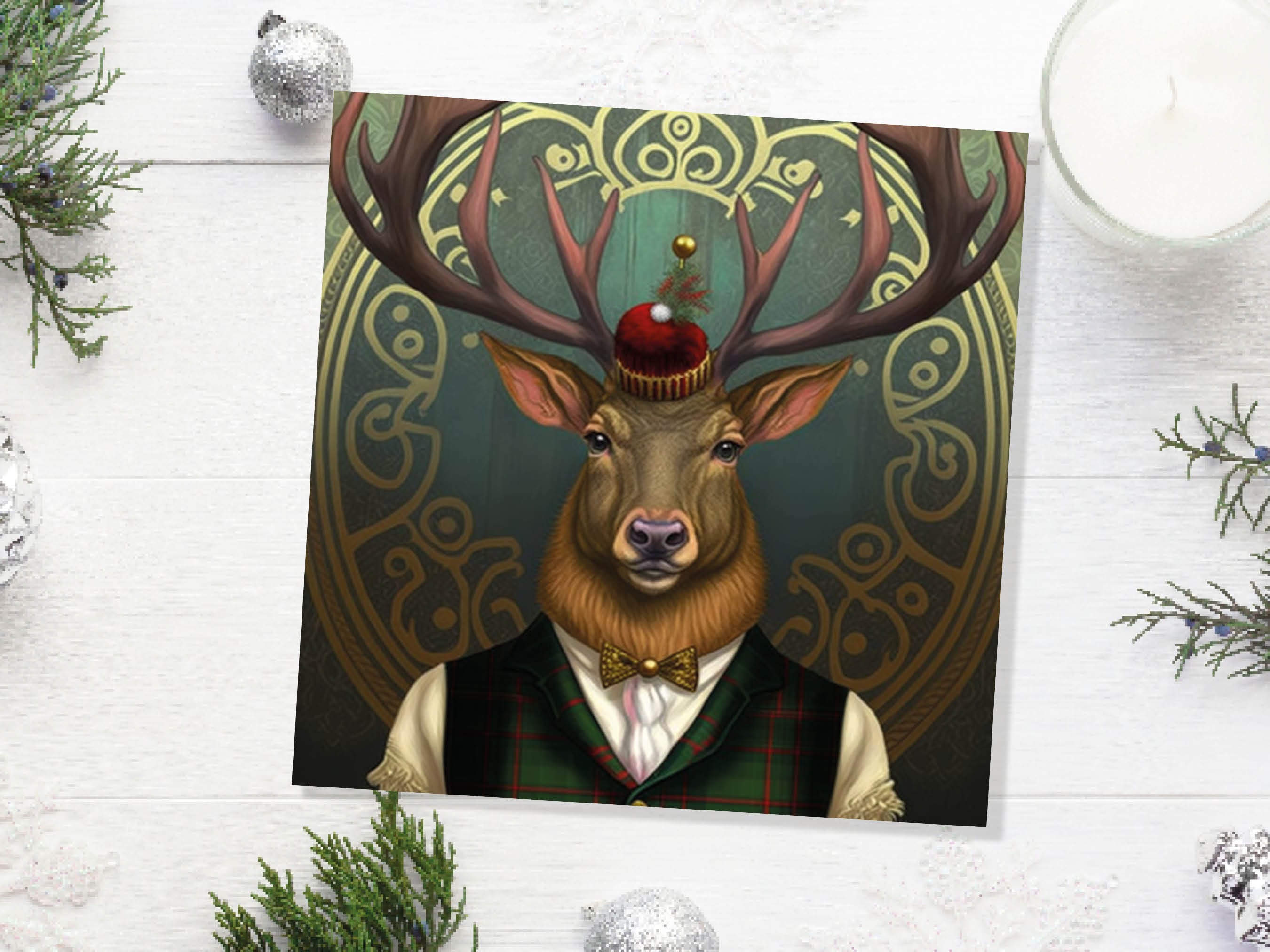 Dapper Deer Card Wearing Suit with Tartan Scottish Hat Tam o’ Shanter Scotland Greetings Cards For Family Best Friends Xmas 2025 Thank You