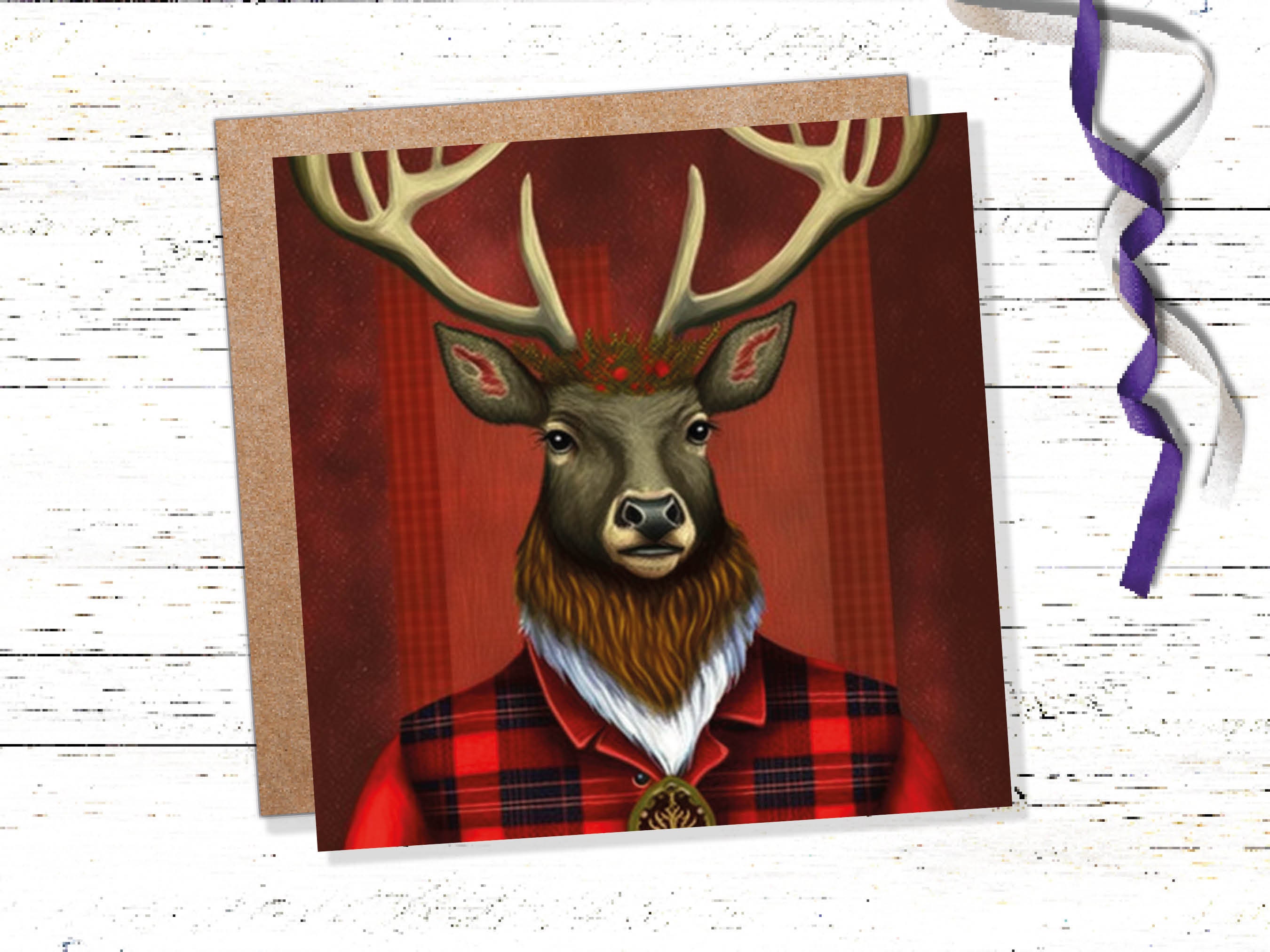 Red Dapper Deer Card Wearing Tartan Coat Festive Scottish Reindeer Hat Scotland Greetings Cards For Family Best Friends Xmas 2025 Thank You - View 2