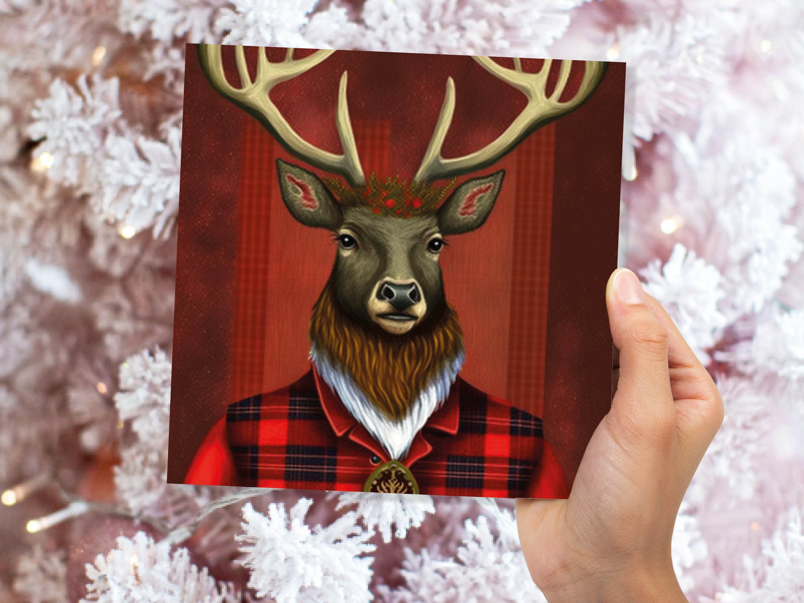 Red Dapper Deer Card Wearing Tartan Coat Festive Scottish Reindeer Hat Scotland Greetings Cards For Family Best Friends Xmas 2025 Thank You - View 4
