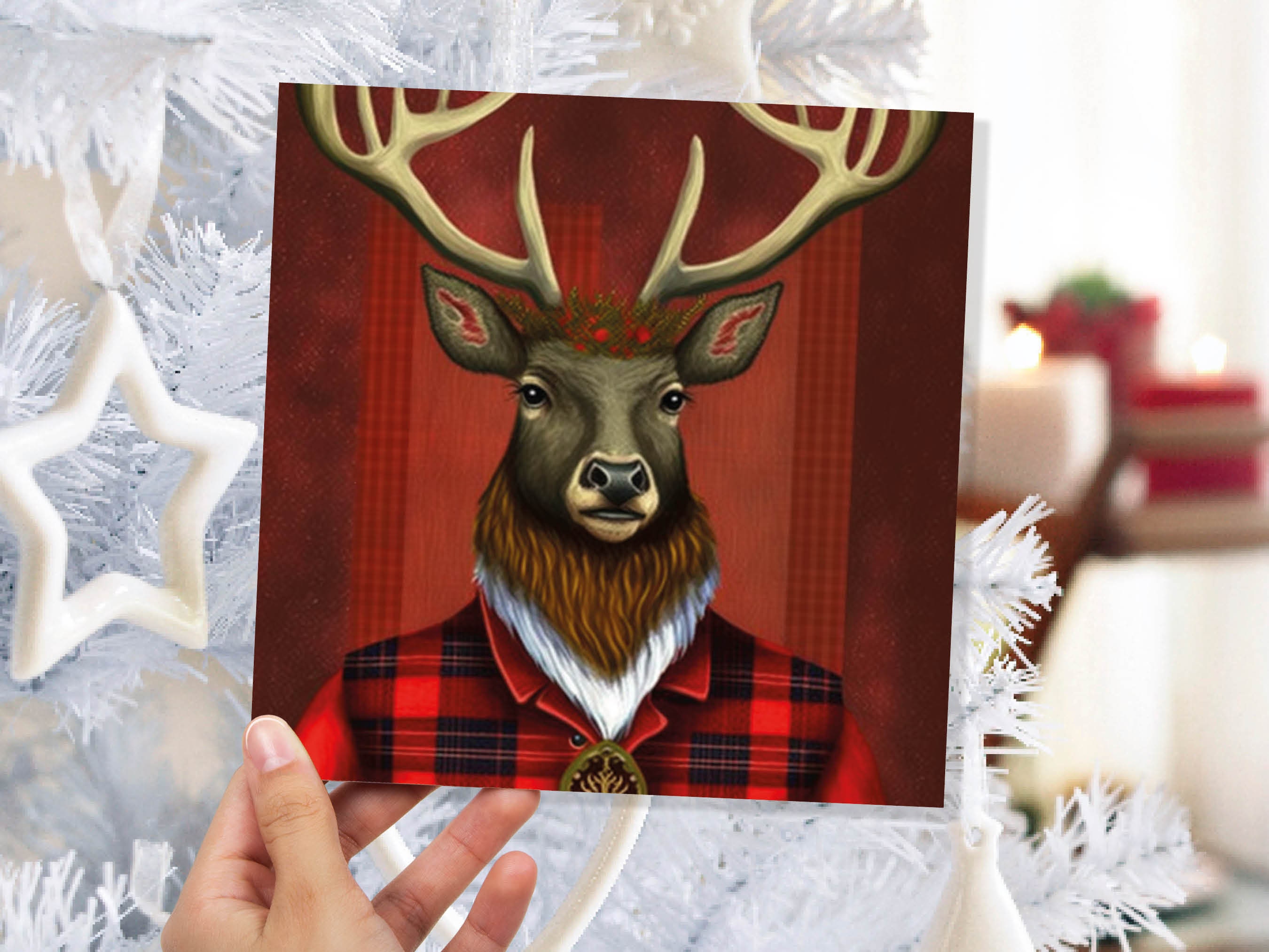 Red Dapper Deer Card Wearing Tartan Coat Festive Scottish Reindeer Hat Scotland Greetings Cards For Family Best Friends Xmas 2025 Thank You - View 3