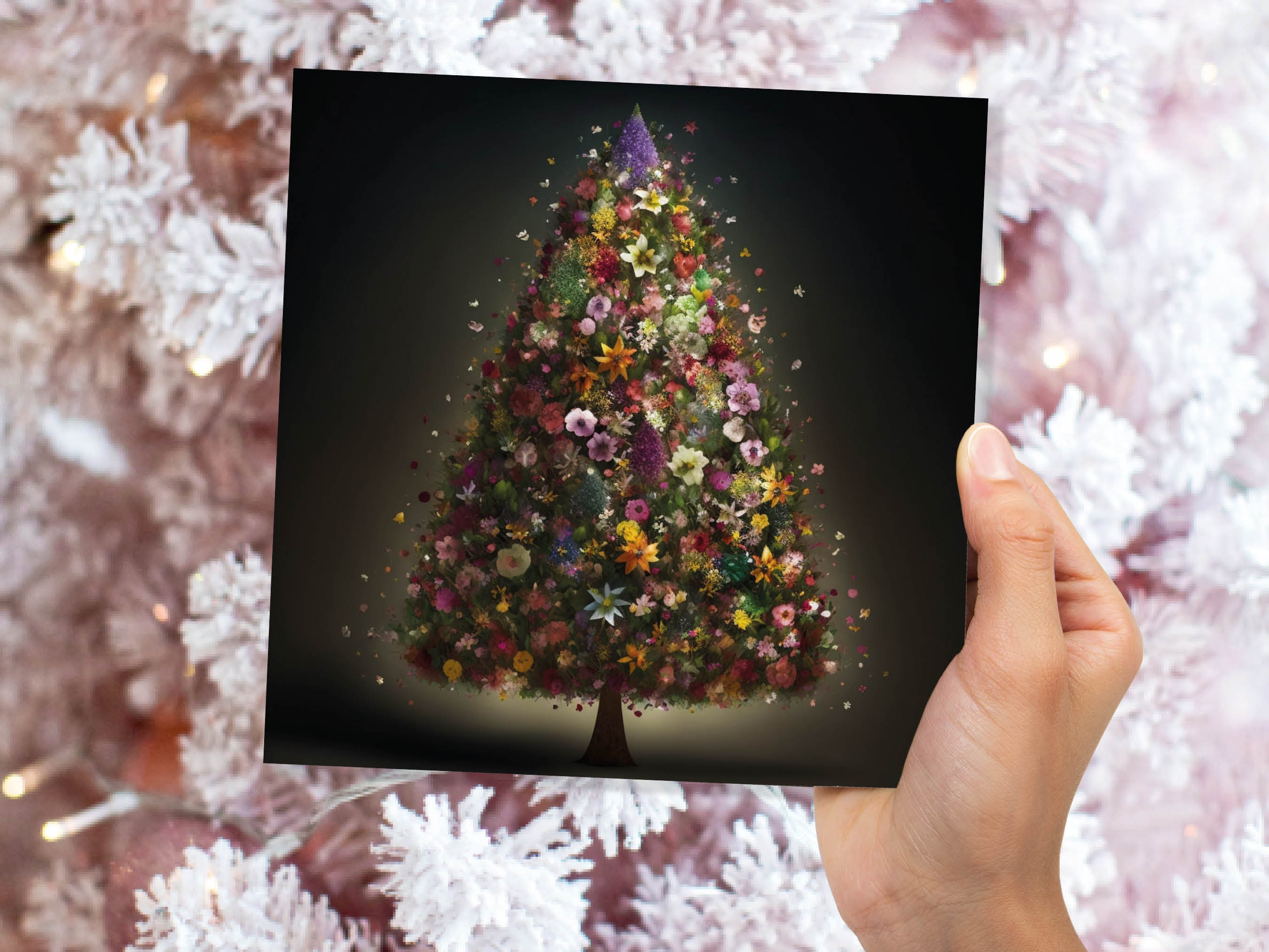 Floral Christmas Card Pink Flowers Tree Bouquet Arrangement for Florists and Gardeners Greetings Cards For Family Best Friends Xmas 2025 - View 3