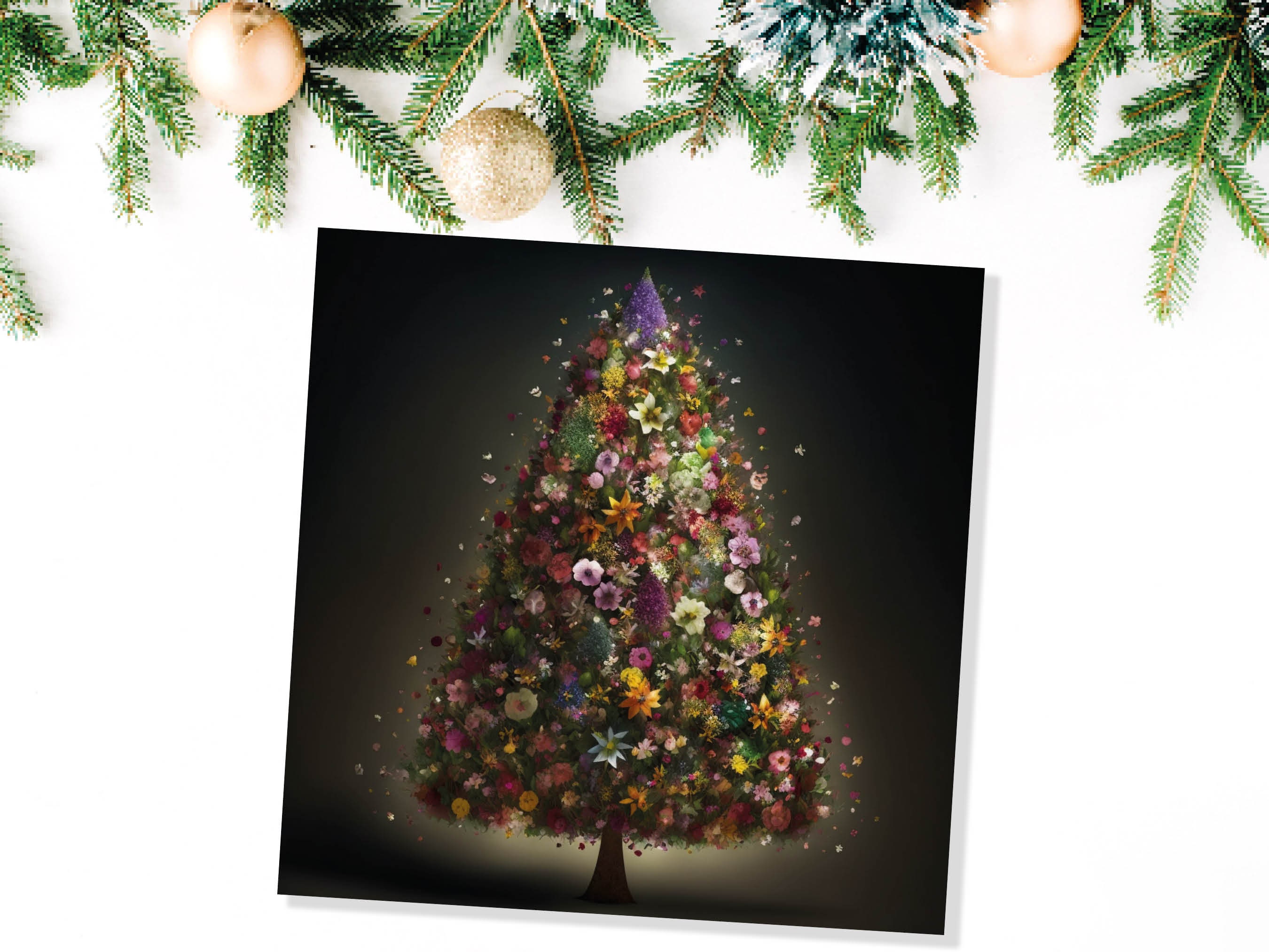 Floral Christmas Card Pink Flowers Tree Bouquet Arrangement for Florists and Gardeners Greetings Cards For Family Best Friends Xmas 2025 - View 8