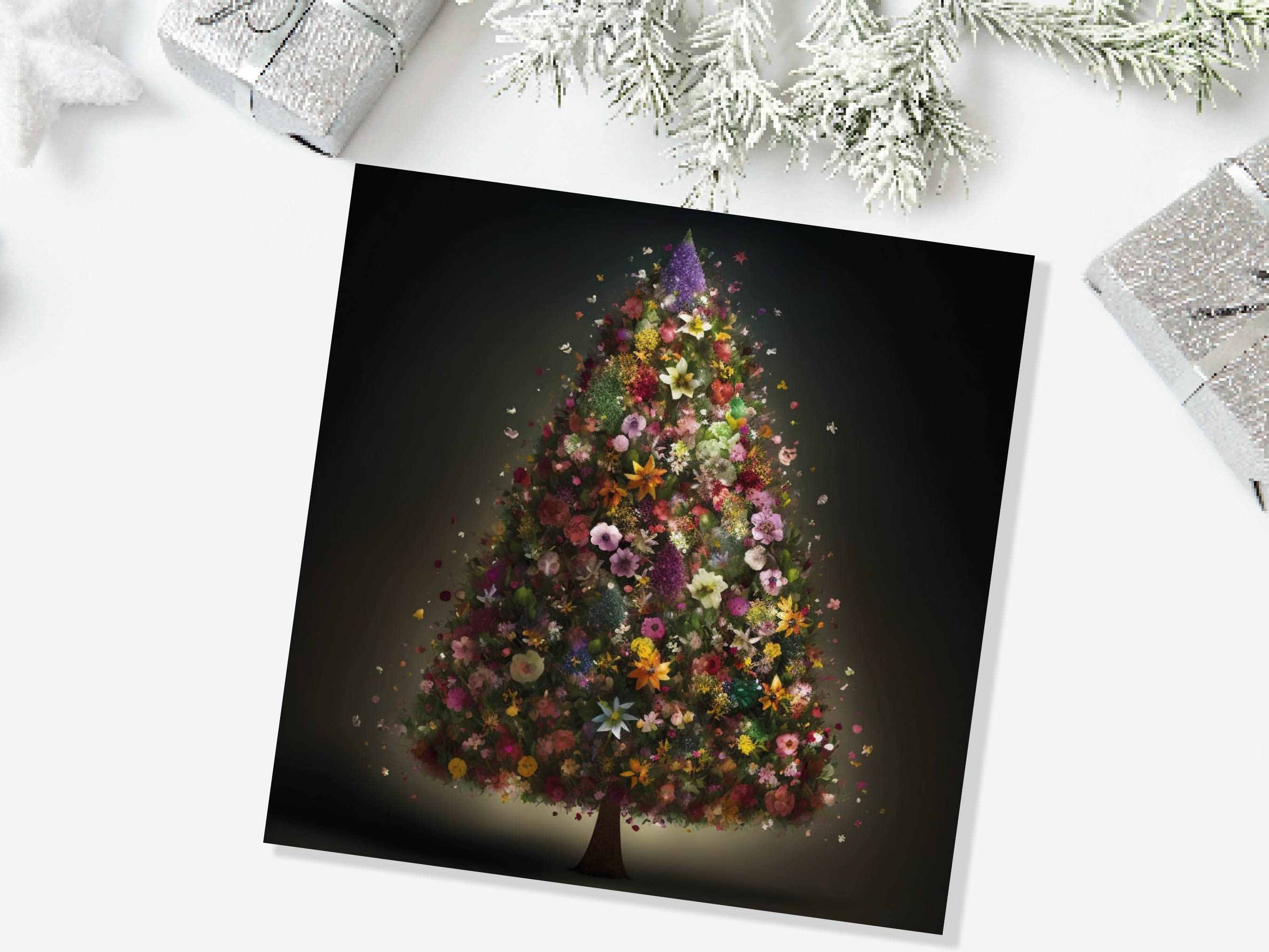 Floral Christmas Card Pink Flowers Tree Bouquet Arrangement for Florists and Gardeners Greetings Cards For Family Best Friends Xmas 2025 - View 4