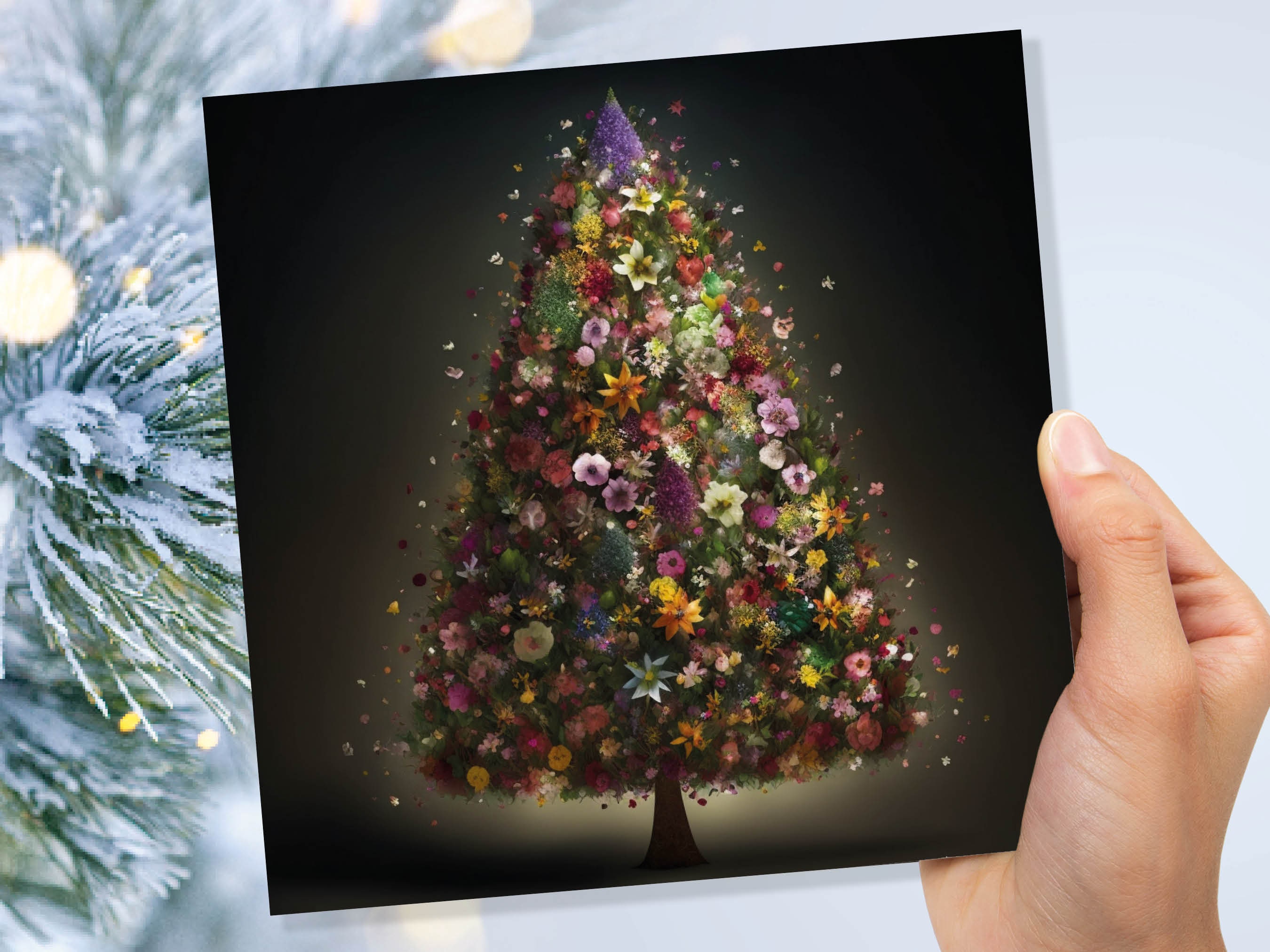 Floral Christmas Card Pink Flowers Tree Bouquet Arrangement for Florists and Gardeners Greetings Cards For Family Best Friends Xmas 2025 - View 7