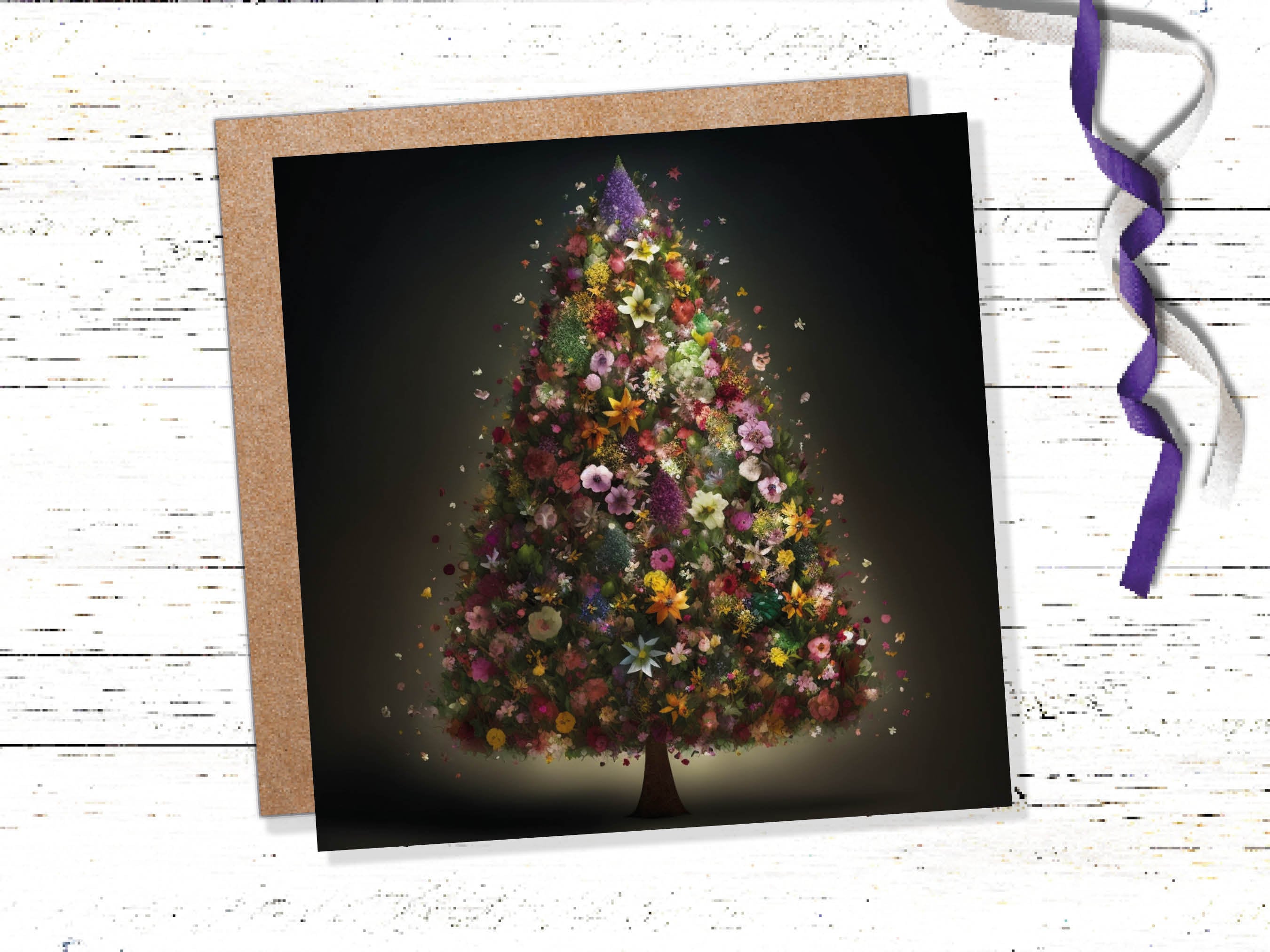 Floral Christmas Card Pink Flowers Tree Bouquet Arrangement for Florists and Gardeners Greetings Cards For Family Best Friends Xmas 2025