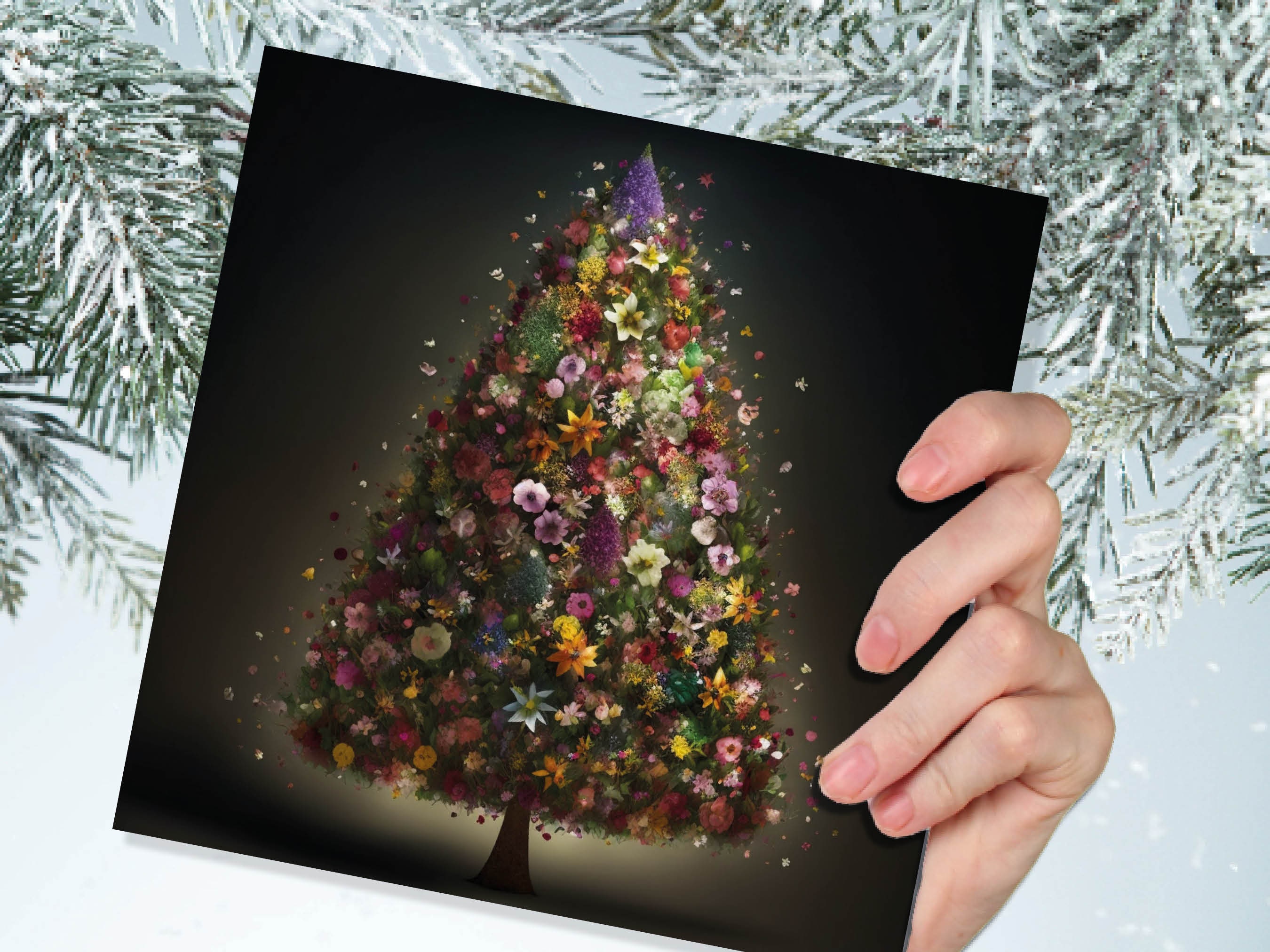 Floral Christmas Card Pink Flowers Tree Bouquet Arrangement for Florists and Gardeners Greetings Cards For Family Best Friends Xmas 2025 - View 6