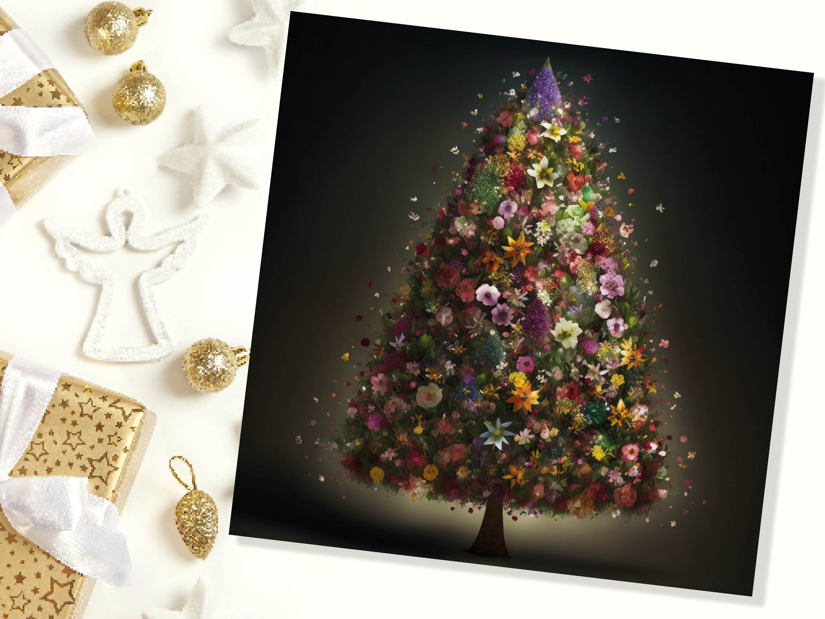 Floral Christmas Card Pink Flowers Tree Bouquet Arrangement for Florists and Gardeners Greetings Cards For Family Best Friends Xmas 2025 - View 5