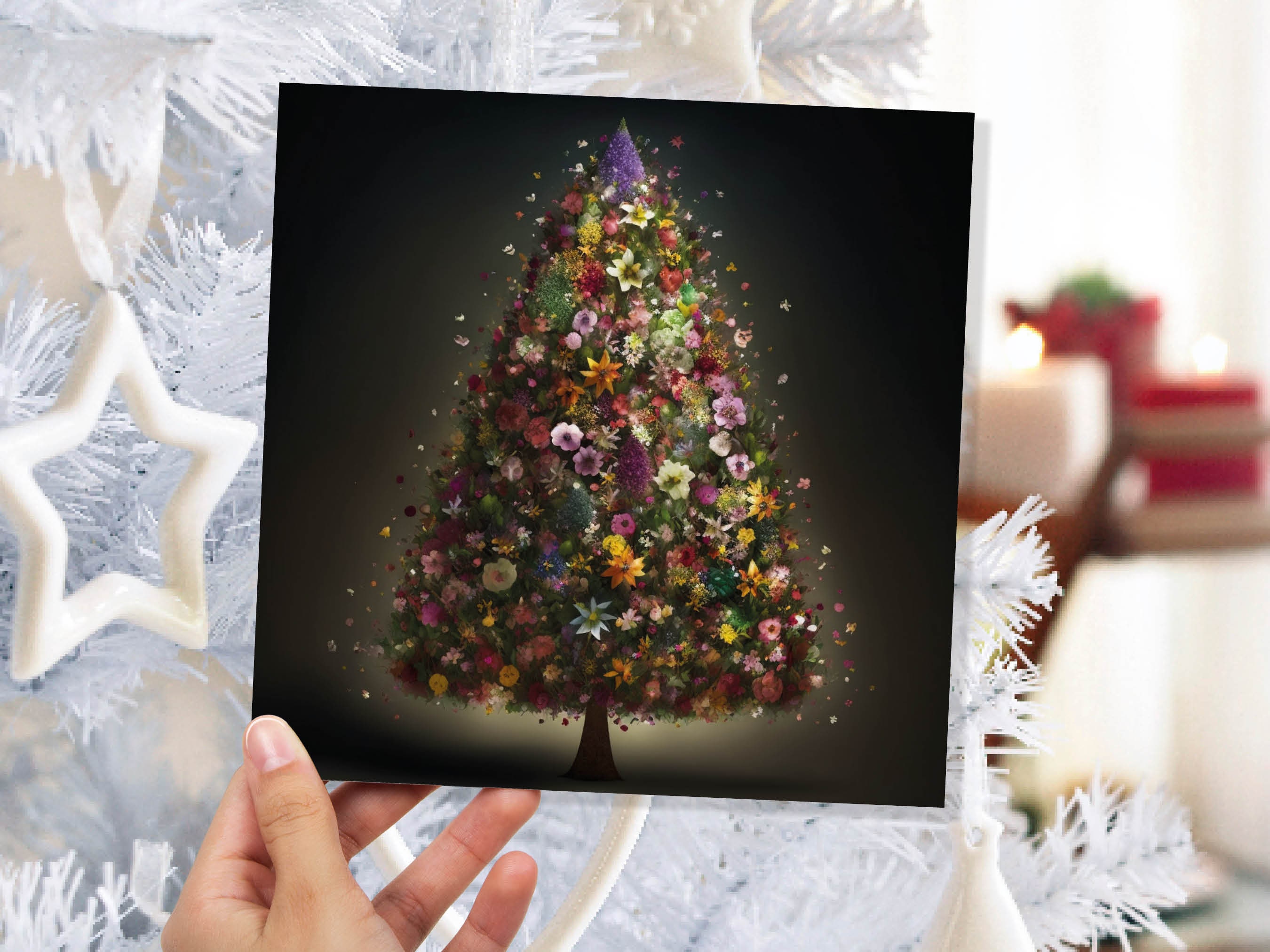 Floral Christmas Card Pink Flowers Tree Bouquet Arrangement for Florists and Gardeners Greetings Cards For Family Best Friends Xmas 2025 - View 2