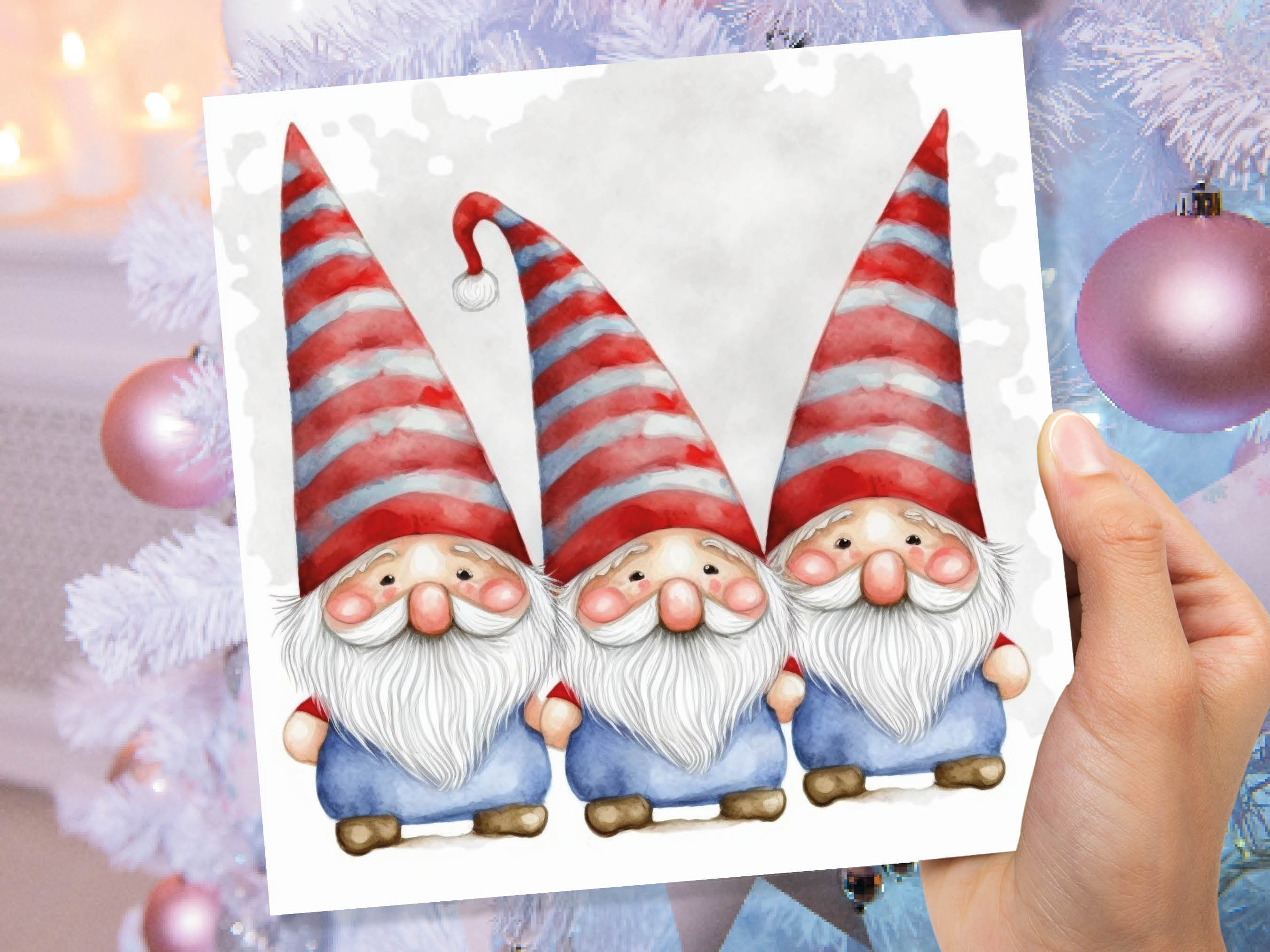 Cute Gonk Gnomes Christmas Card Red Blue White Watercolour Painting Pointy Hats and Beards Greetings Cards For Family Best Friends Xmas 2025 - View 8