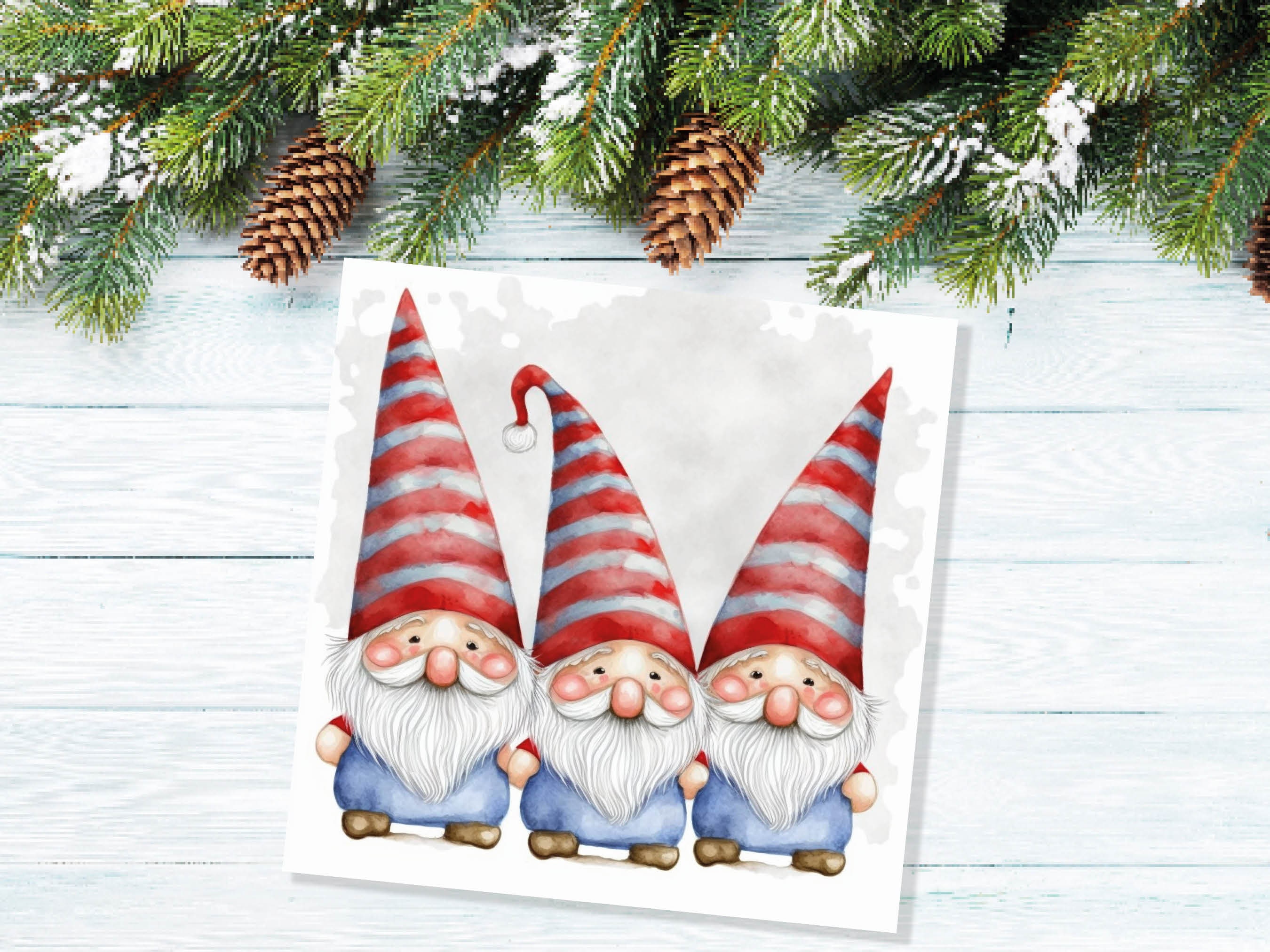 Cute Gonk Gnomes Christmas Card Red Blue White Watercolour Painting Pointy Hats and Beards Greetings Cards For Family Best Friends Xmas 2025 - View 5