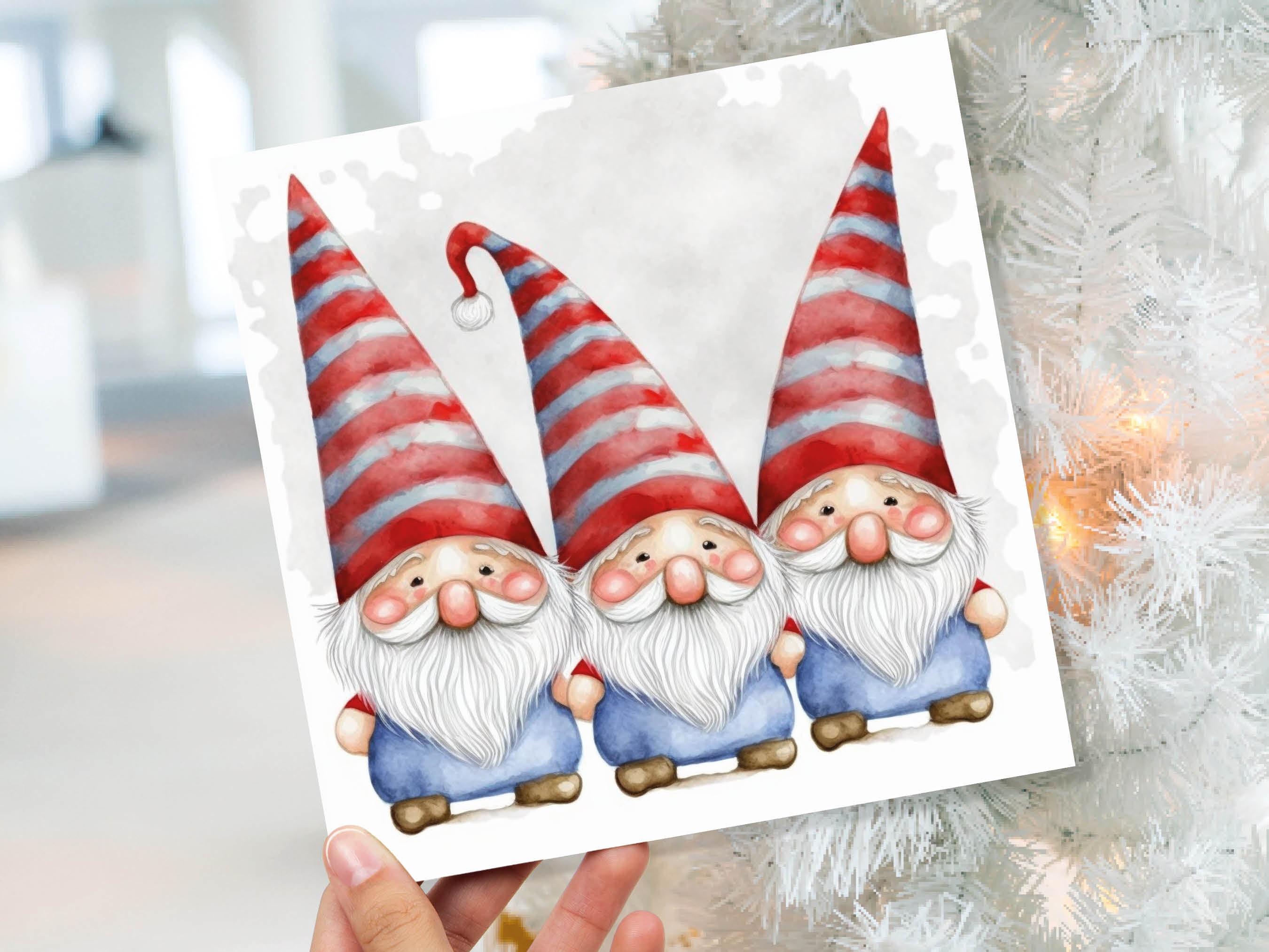 Cute Gonk Gnomes Christmas Card Red Blue White Watercolour Painting Pointy Hats and Beards Greetings Cards For Family Best Friends Xmas 2025 - View 10