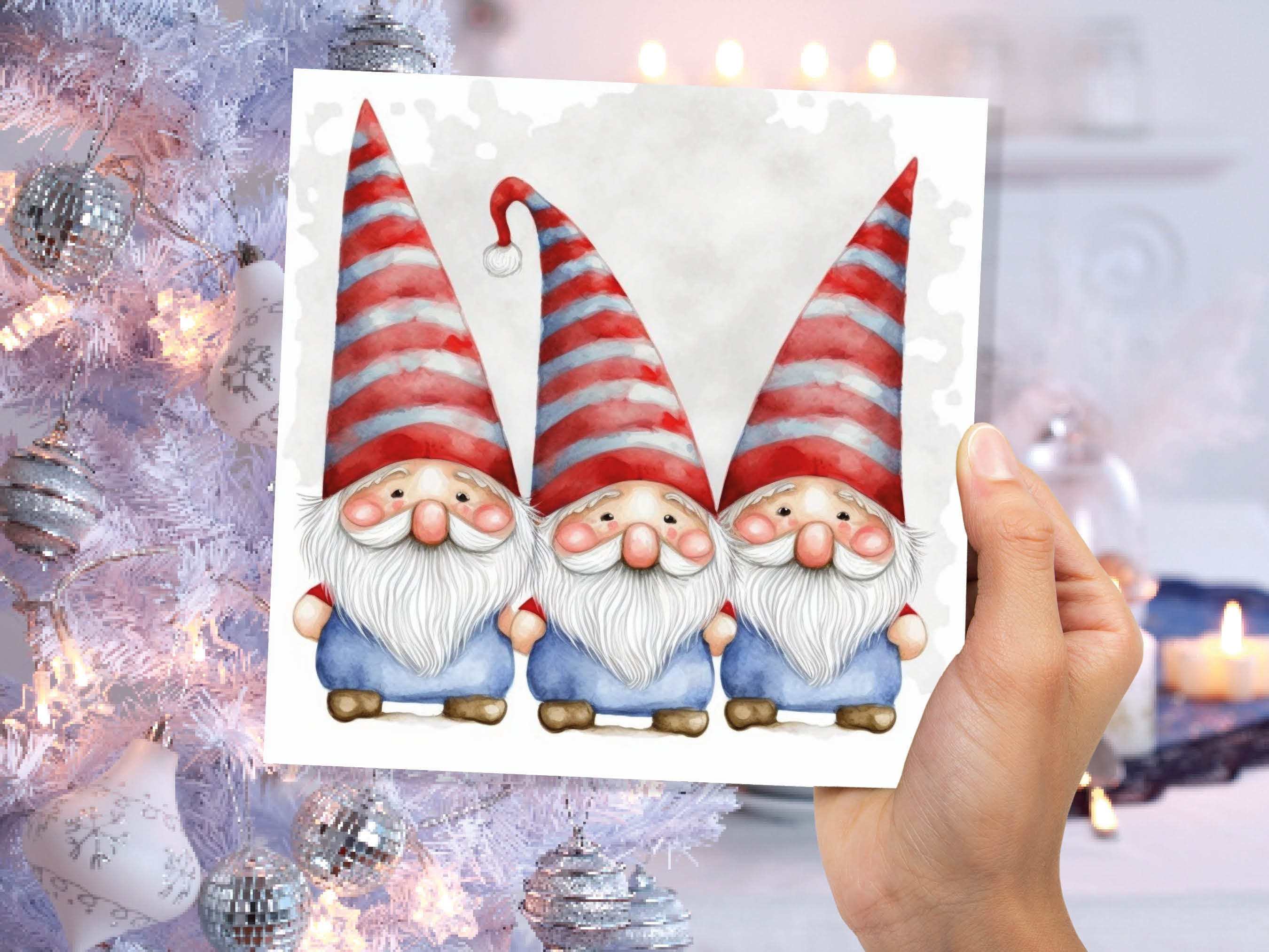 Cute Gonk Gnomes Christmas Card Red Blue White Watercolour Painting Pointy Hats and Beards Greetings Cards For Family Best Friends Xmas 2025 - View 4
