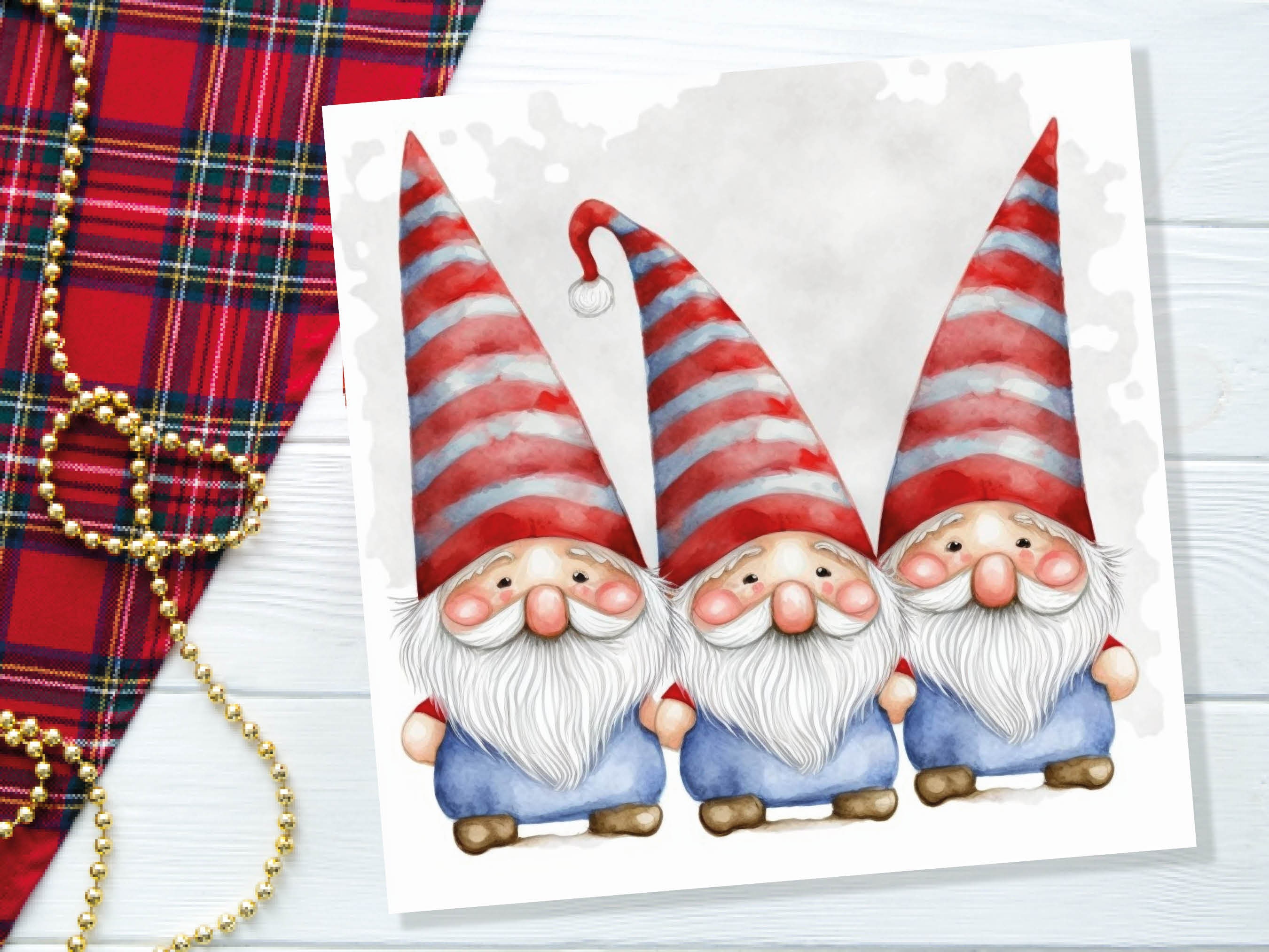 Cute Gonk Gnomes Christmas Card Red Blue White Watercolour Painting Pointy Hats and Beards Greetings Cards For Family Best Friends Xmas 2025 - View 6