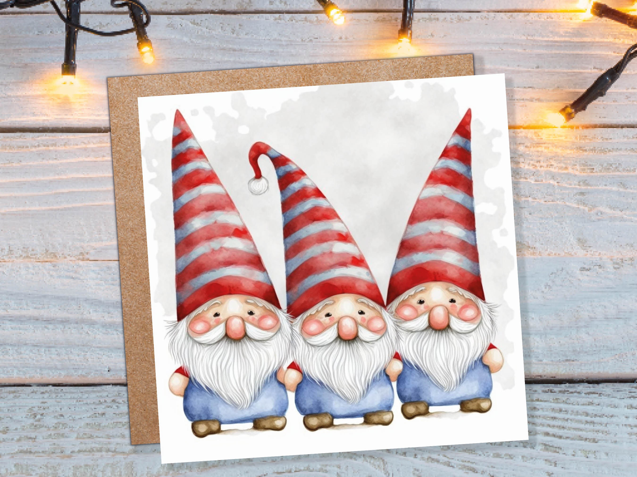 Cute Gonk Gnomes Christmas Card Red Blue White Watercolour Painting Pointy Hats and Beards Greetings Cards For Family Best Friends Xmas 2025