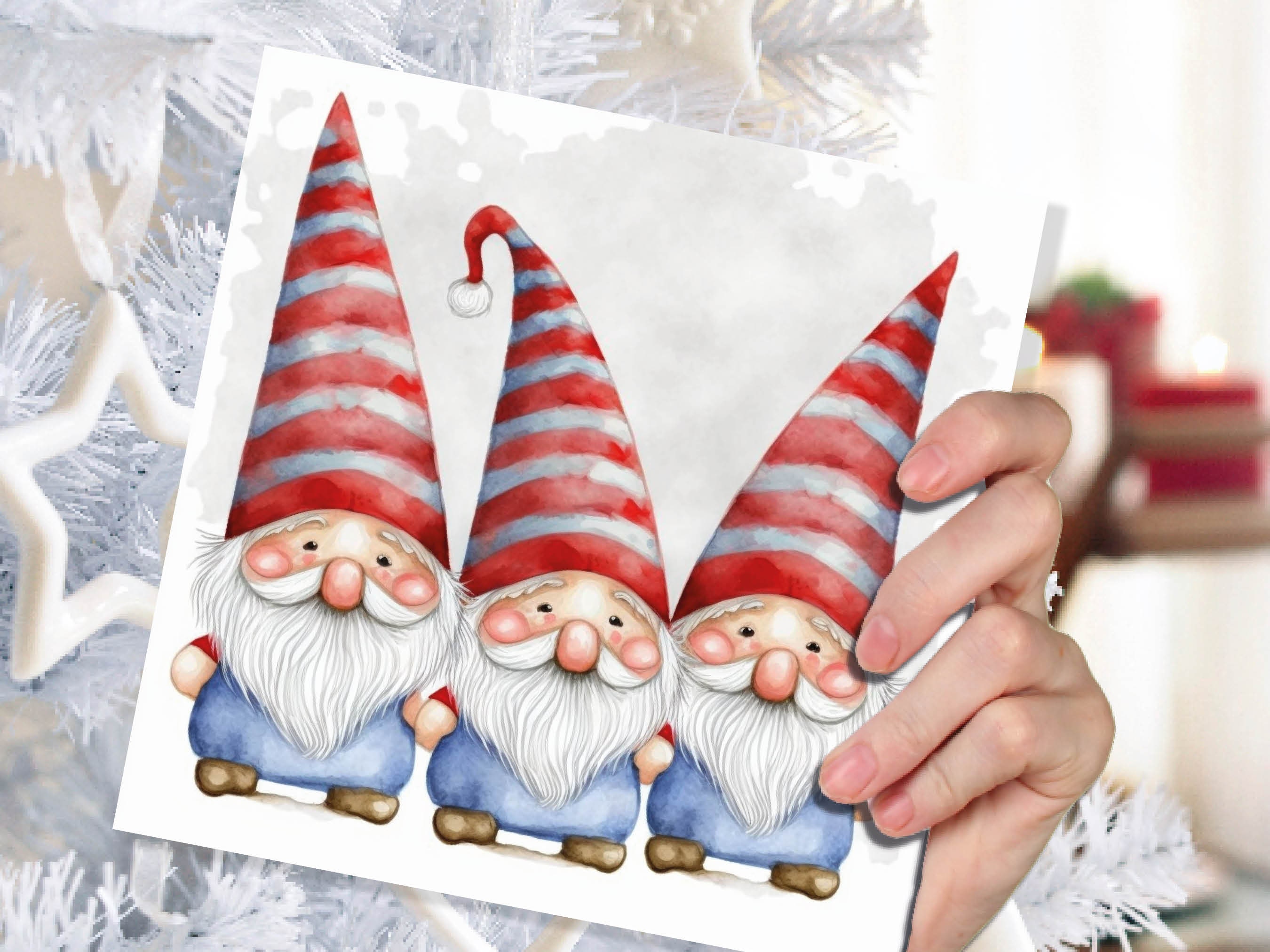 Cute Gonk Gnomes Christmas Card Red Blue White Watercolour Painting Pointy Hats and Beards Greetings Cards For Family Best Friends Xmas 2025 - View 7