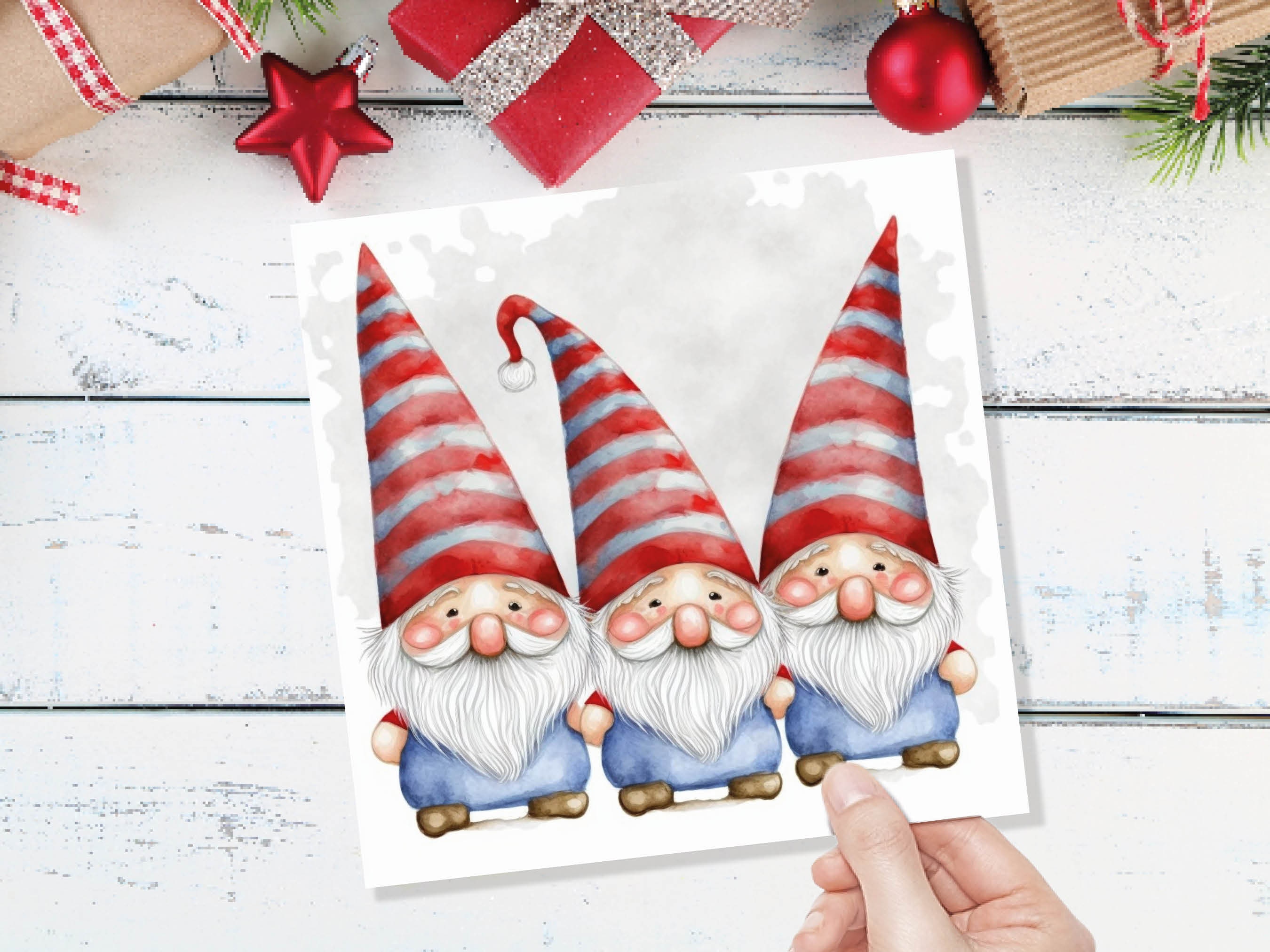 Cute Gonk Gnomes Christmas Card Red Blue White Watercolour Painting Pointy Hats and Beards Greetings Cards For Family Best Friends Xmas 2025 - View 9