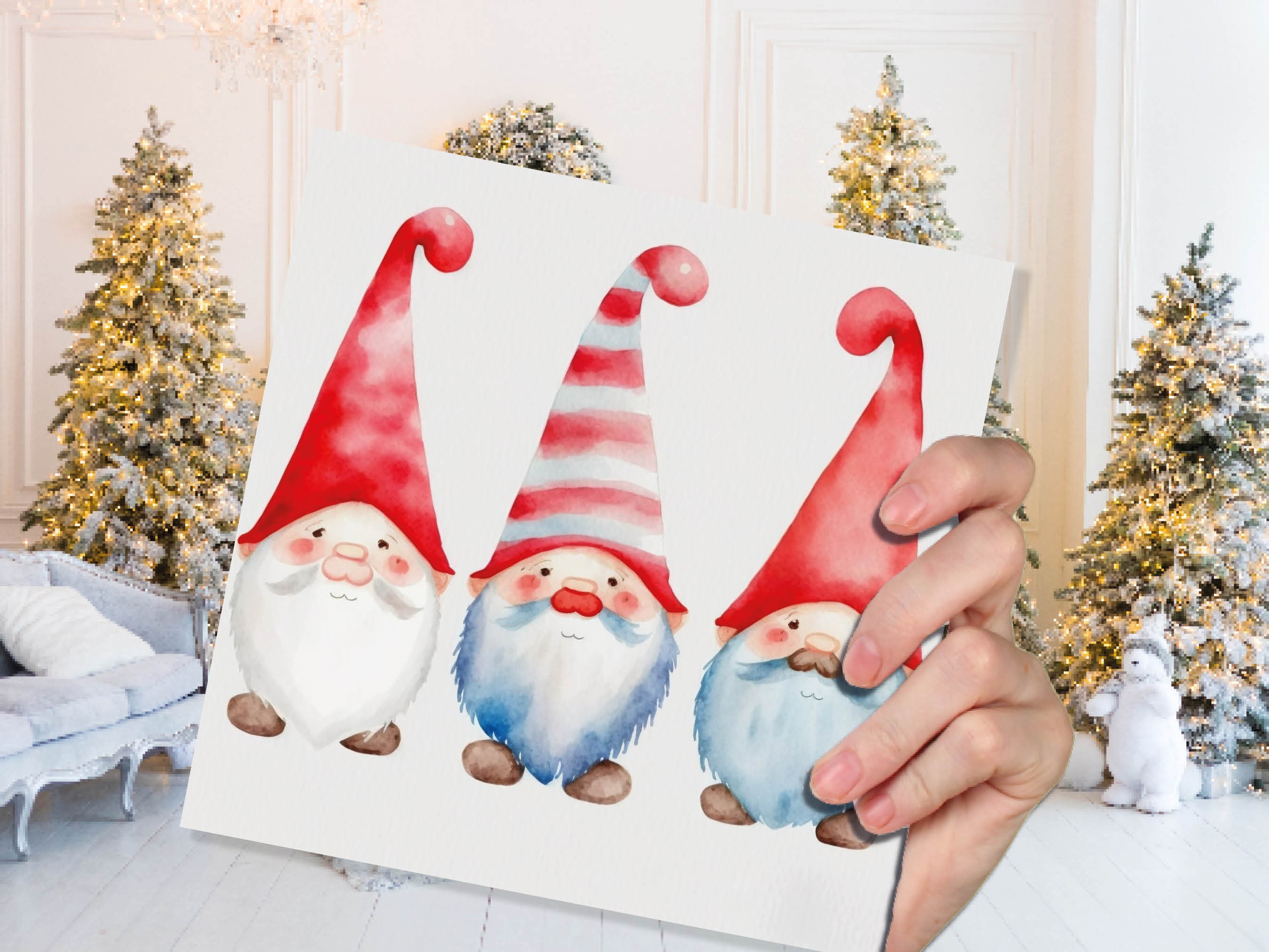 Christmas Gnomes Card Cute Gonk Myth Red White Watercolour Painting Pointy Hats and Beards Greetings Cards For Family Best Friends Xmas 2025