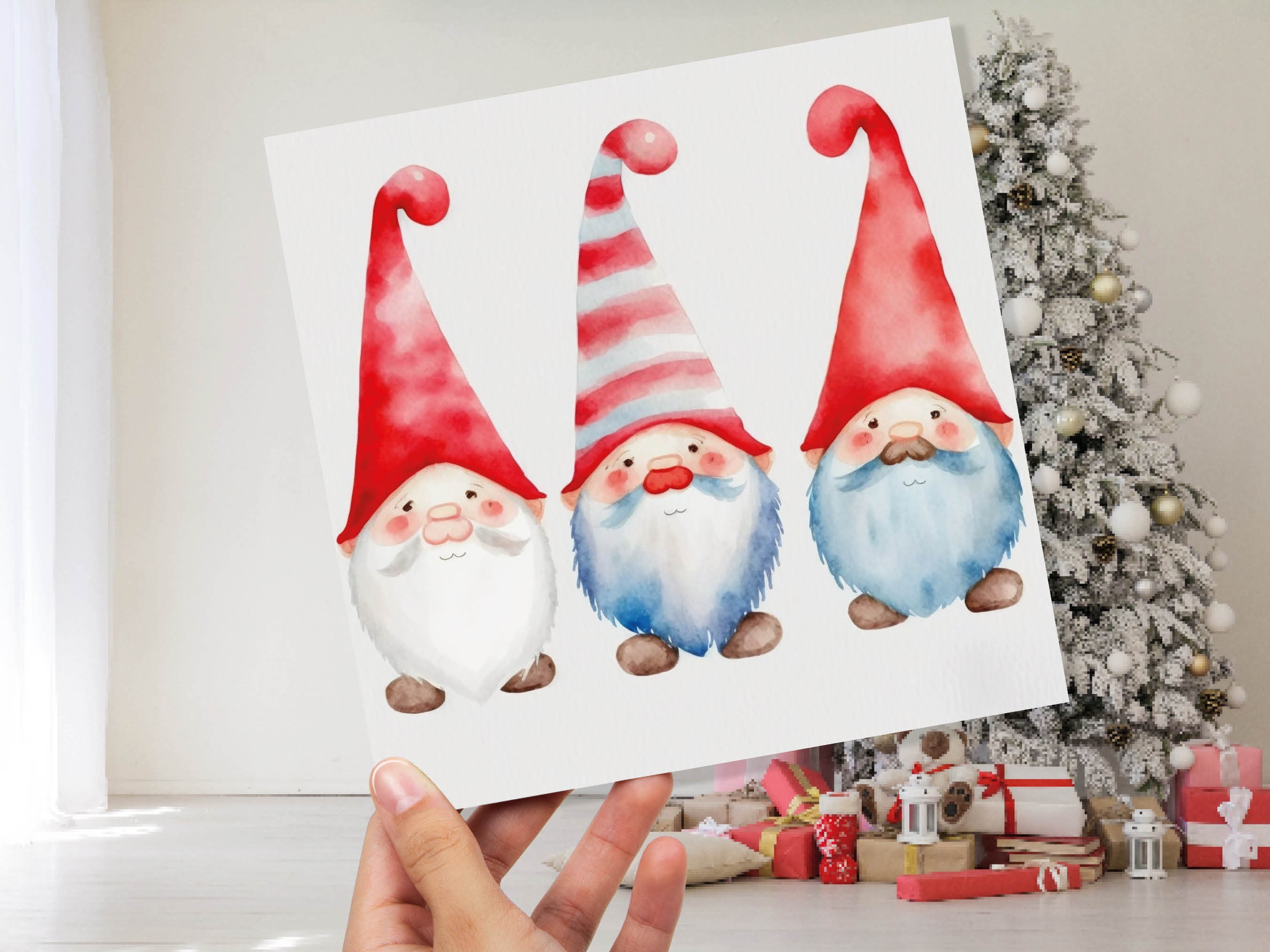 Christmas Gnomes Card Cute Gonk Myth Red White Watercolour Painting Pointy Hats and Beards Greetings Cards For Family Best Friends Xmas 2025 - View 10