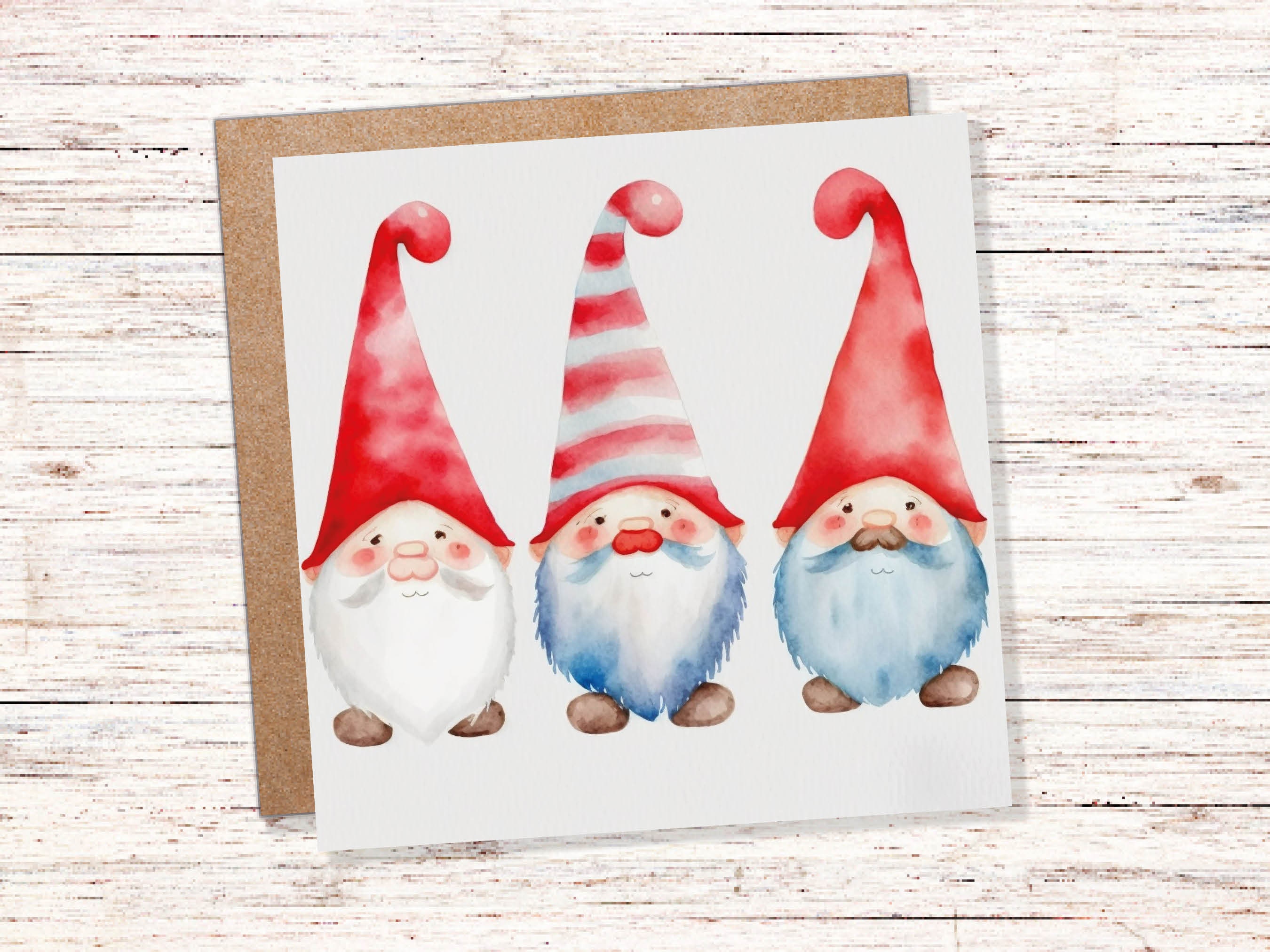 Christmas Gnomes Card Cute Gonk Myth Red White Watercolour Painting Pointy Hats and Beards Greetings Cards For Family Best Friends Xmas 2025 - View 2