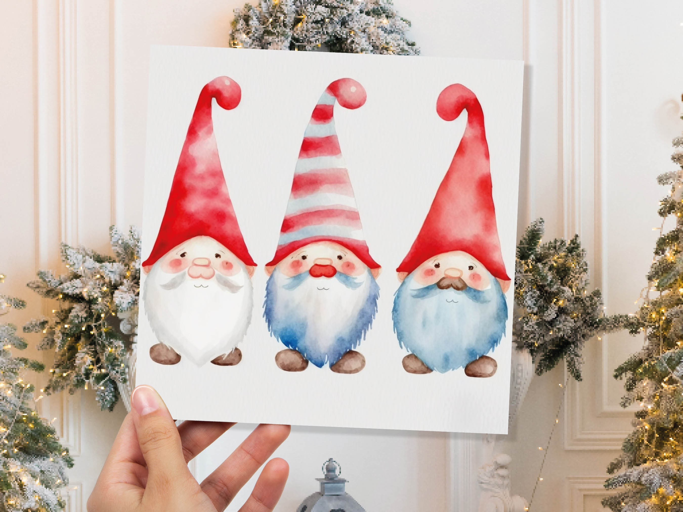 Christmas Gnomes Card Cute Gonk Myth Red White Watercolour Painting Pointy Hats and Beards Greetings Cards For Family Best Friends Xmas 2025 - View 4