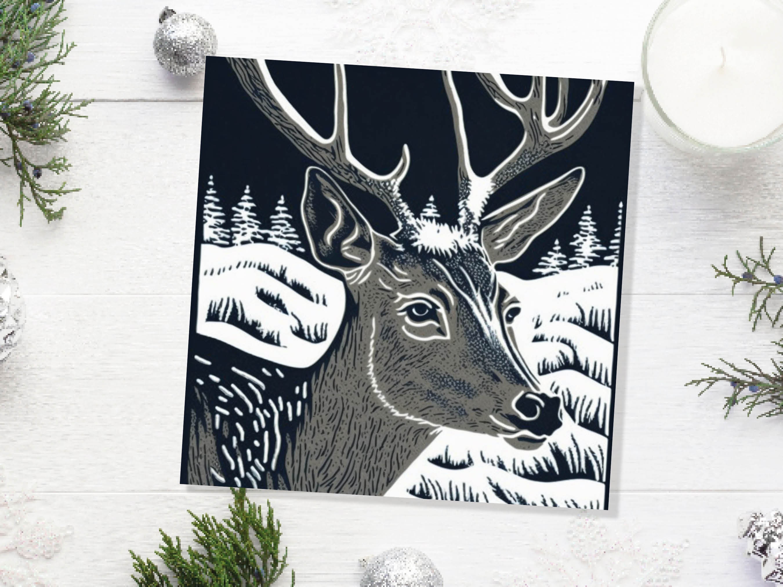 Linocut Deer Card Black and White Snowy Winter Landscape Night Sky Illustration Snow Scene Greetings For Family Friends Xmas 2025 Thank You - View 8