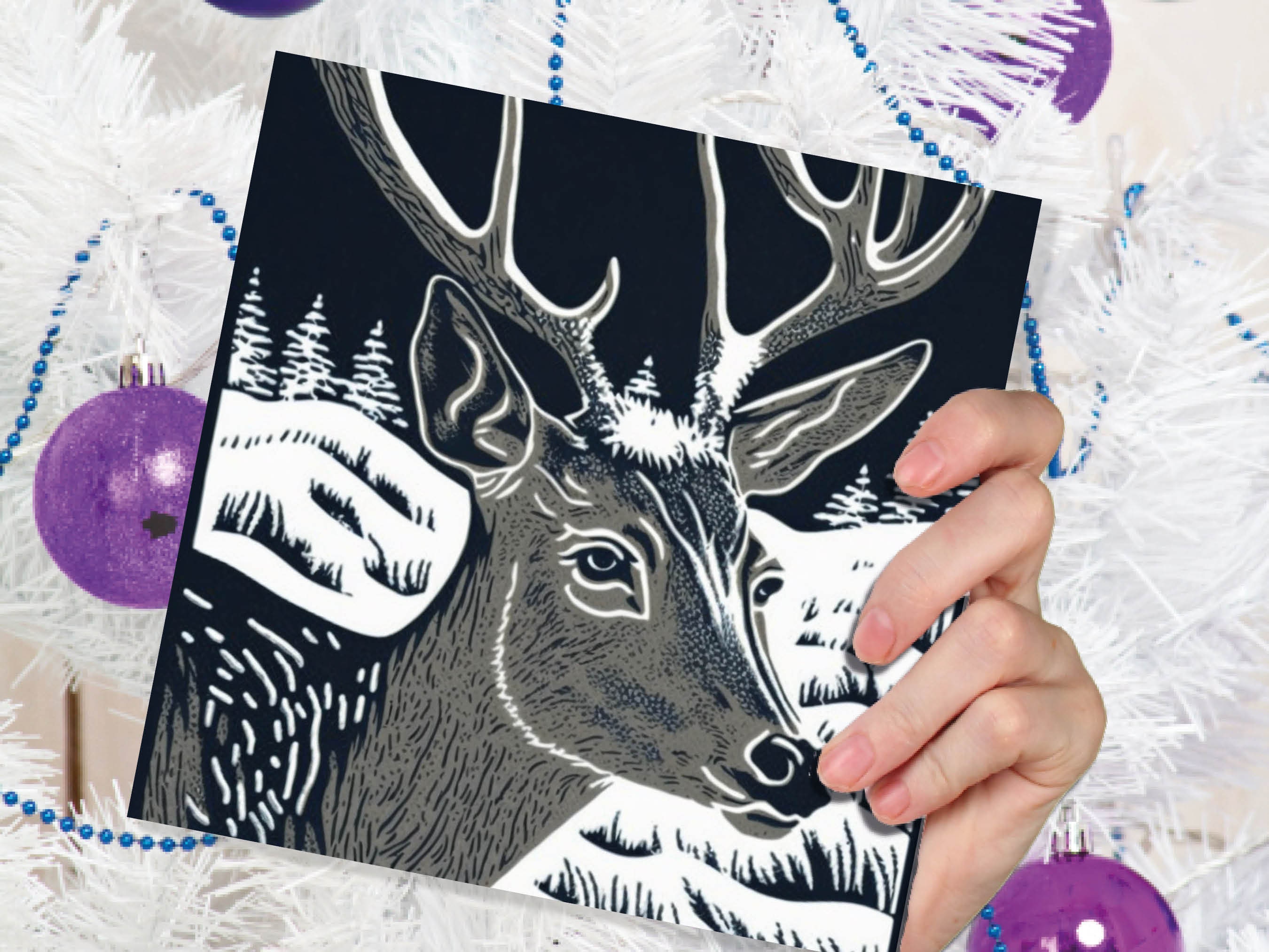 Linocut Deer Card Black and White Snowy Winter Landscape Night Sky Illustration Snow Scene Greetings For Family Friends Xmas 2025 Thank You - View 5