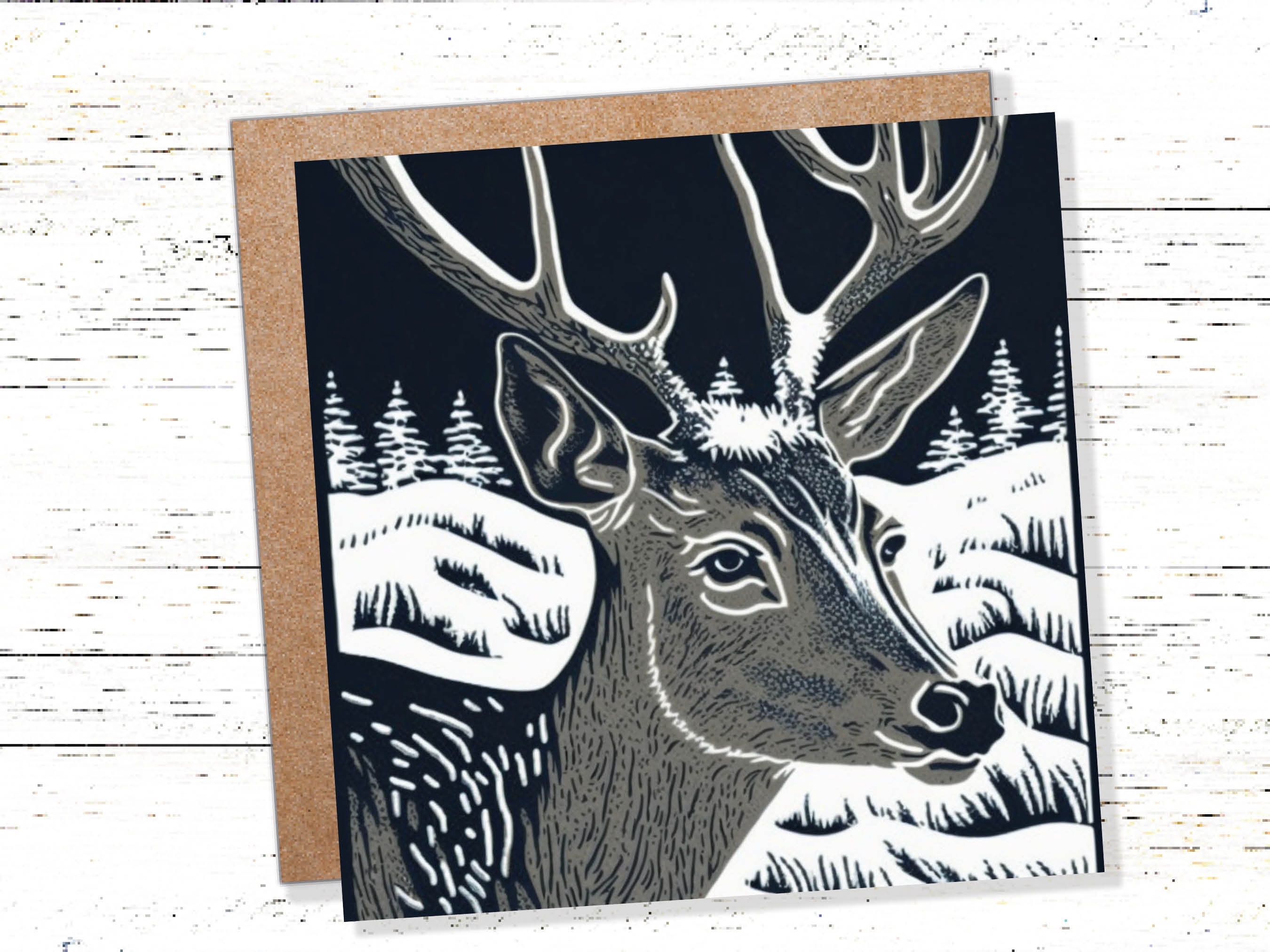 Linocut Deer Card Black and White Snowy Winter Landscape Night Sky Illustration Snow Scene Greetings For Family Friends Xmas 2025 Thank You - View 3