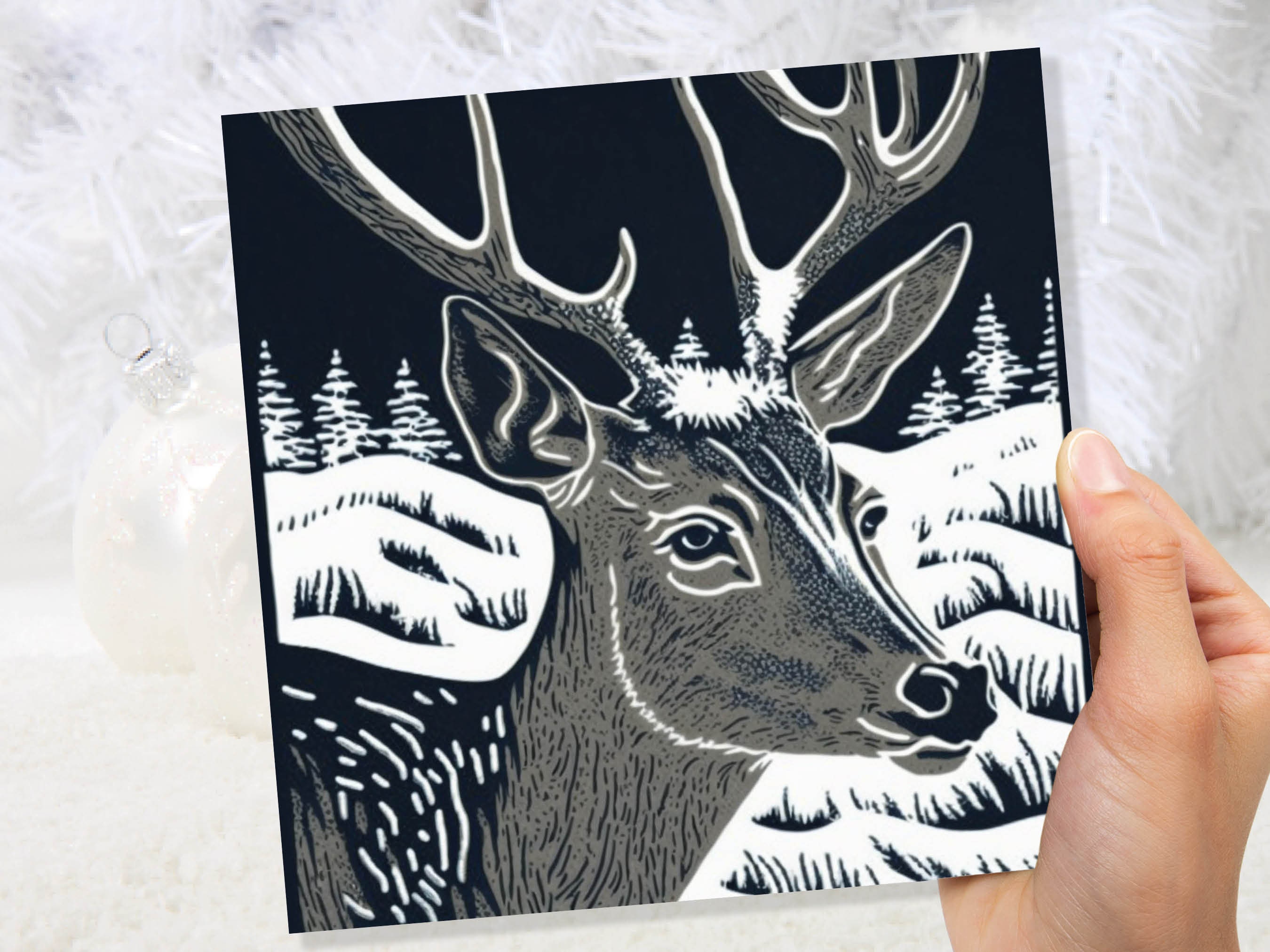 Linocut Deer Card Black and White Snowy Winter Landscape Night Sky Illustration Snow Scene Greetings For Family Friends Xmas 2025 Thank You - View 2