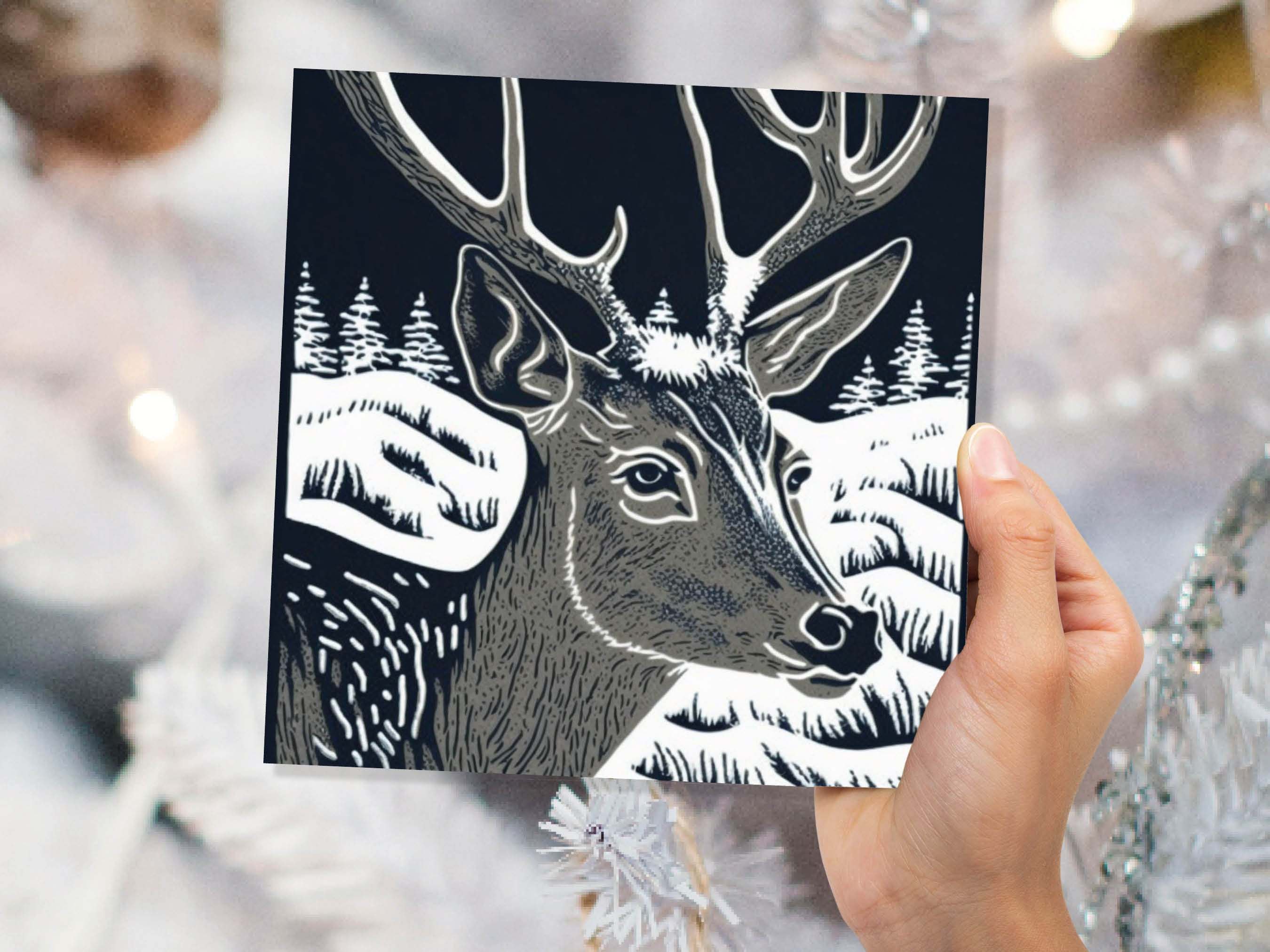 Linocut Deer Card Black and White Snowy Winter Landscape Night Sky Illustration Snow Scene Greetings For Family Friends Xmas 2025 Thank You - View 7