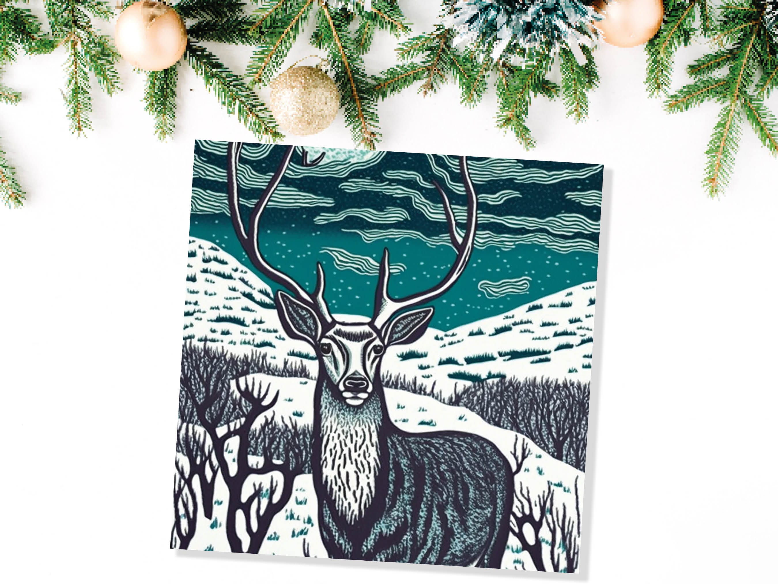 Deer Card Linocut Black and Blue Snowy Winter Landscape Highlands Snow Scene Mountains Sky Greetings For Family Friends Xmas 2025 Thank You - View 3