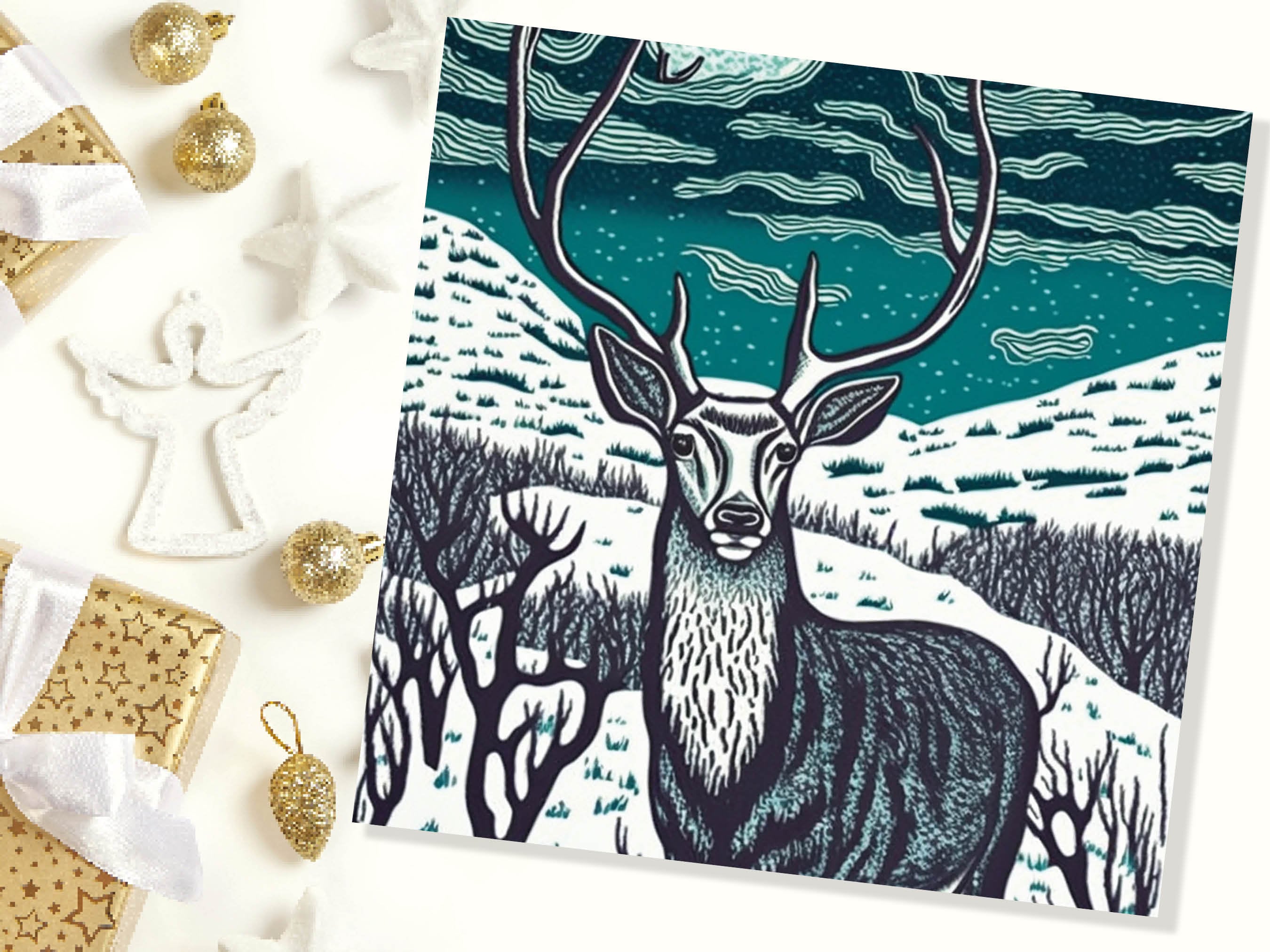 Deer Card Linocut Black and Blue Snowy Winter Landscape Highlands Snow Scene Mountains Sky Greetings For Family Friends Xmas 2025 Thank You - View 6