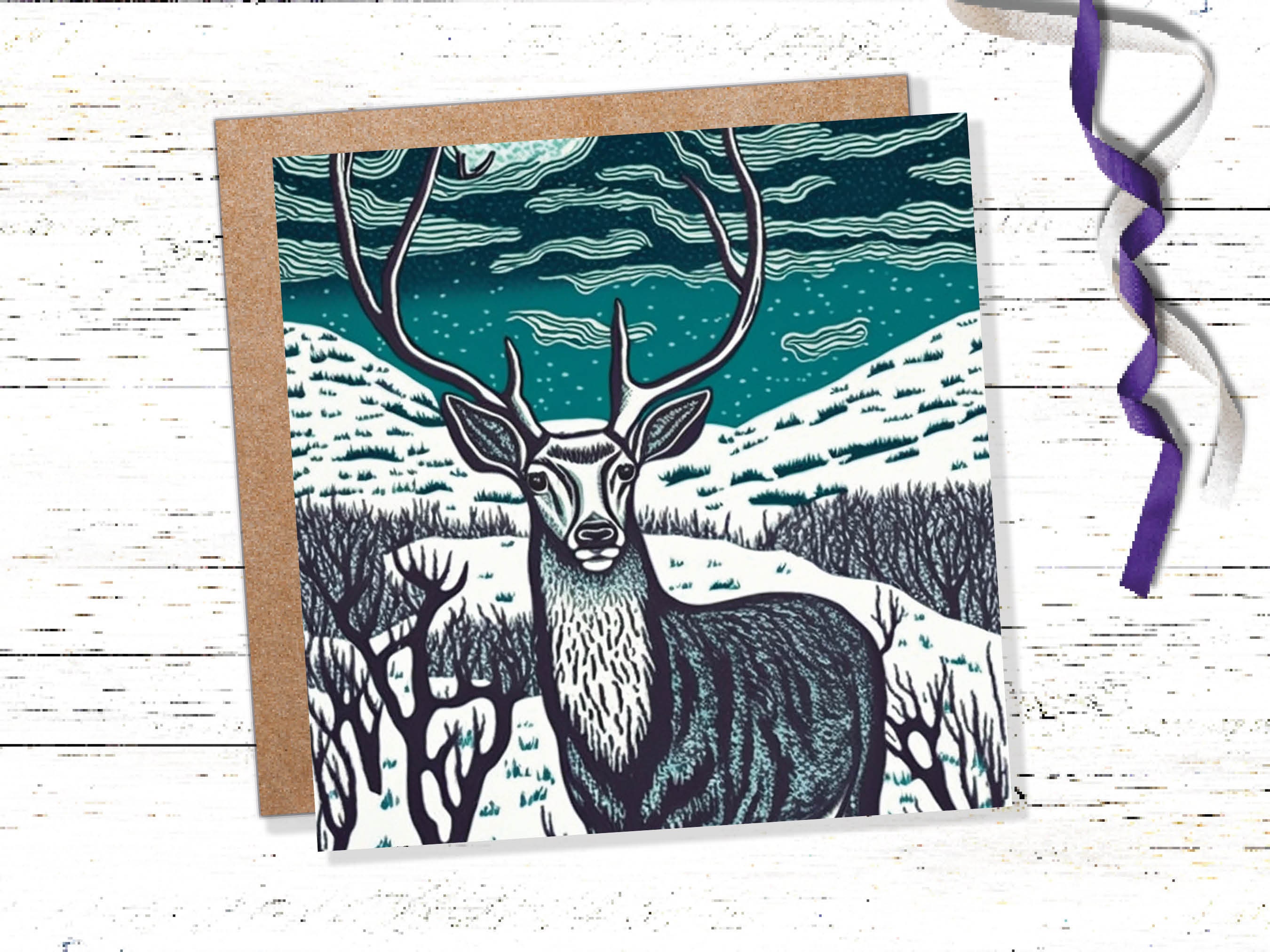 Deer Card Linocut Black and Blue Snowy Winter Landscape Highlands Snow Scene Mountains Sky Greetings For Family Friends Xmas 2025 Thank You