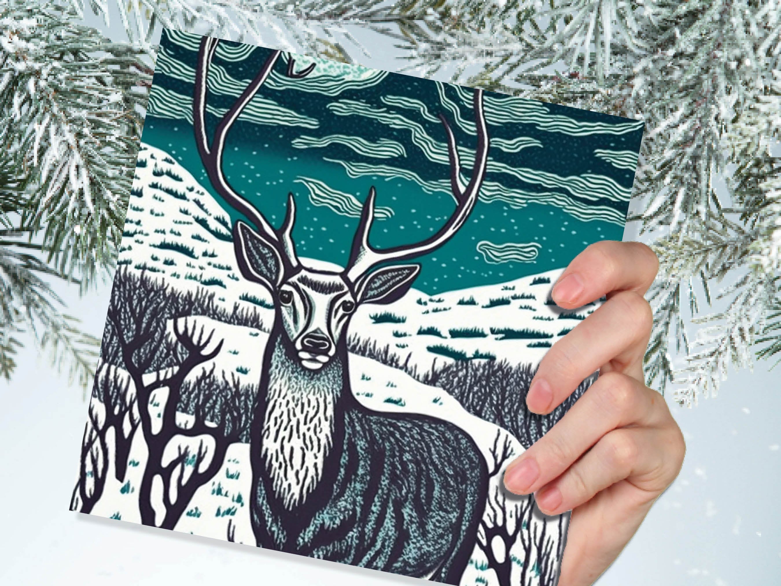 Deer Card Linocut Black and Blue Snowy Winter Landscape Highlands Snow Scene Mountains Sky Greetings For Family Friends Xmas 2025 Thank You - View 7