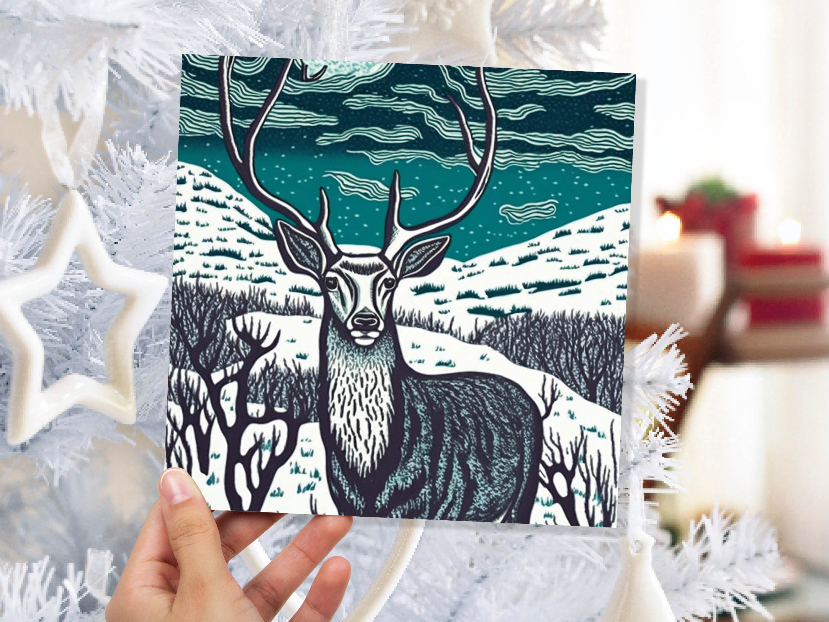 Deer Card Linocut Black and Blue Snowy Winter Landscape Highlands Snow Scene Mountains Sky Greetings For Family Friends Xmas 2025 Thank You - View 4