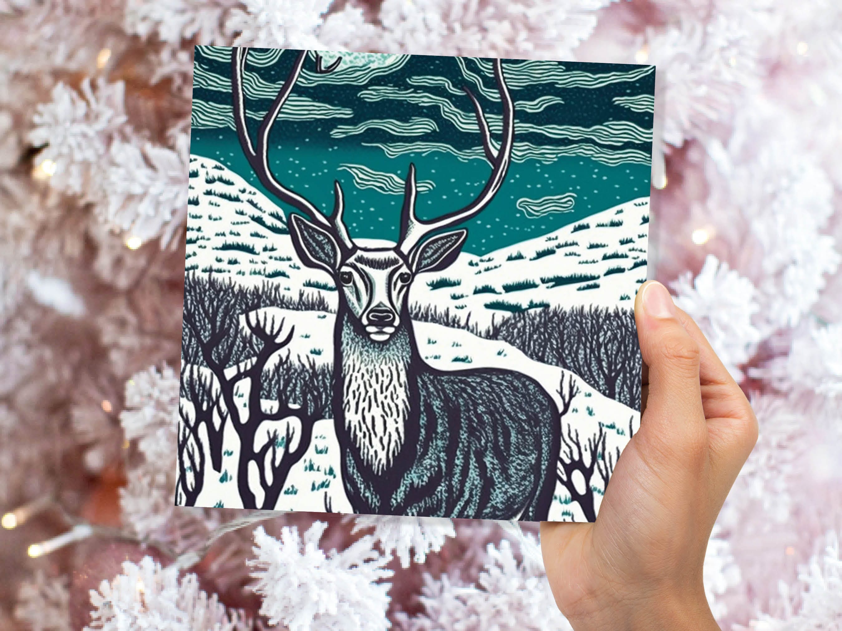 Deer Card Linocut Black and Blue Snowy Winter Landscape Highlands Snow Scene Mountains Sky Greetings For Family Friends Xmas 2025 Thank You - View 5