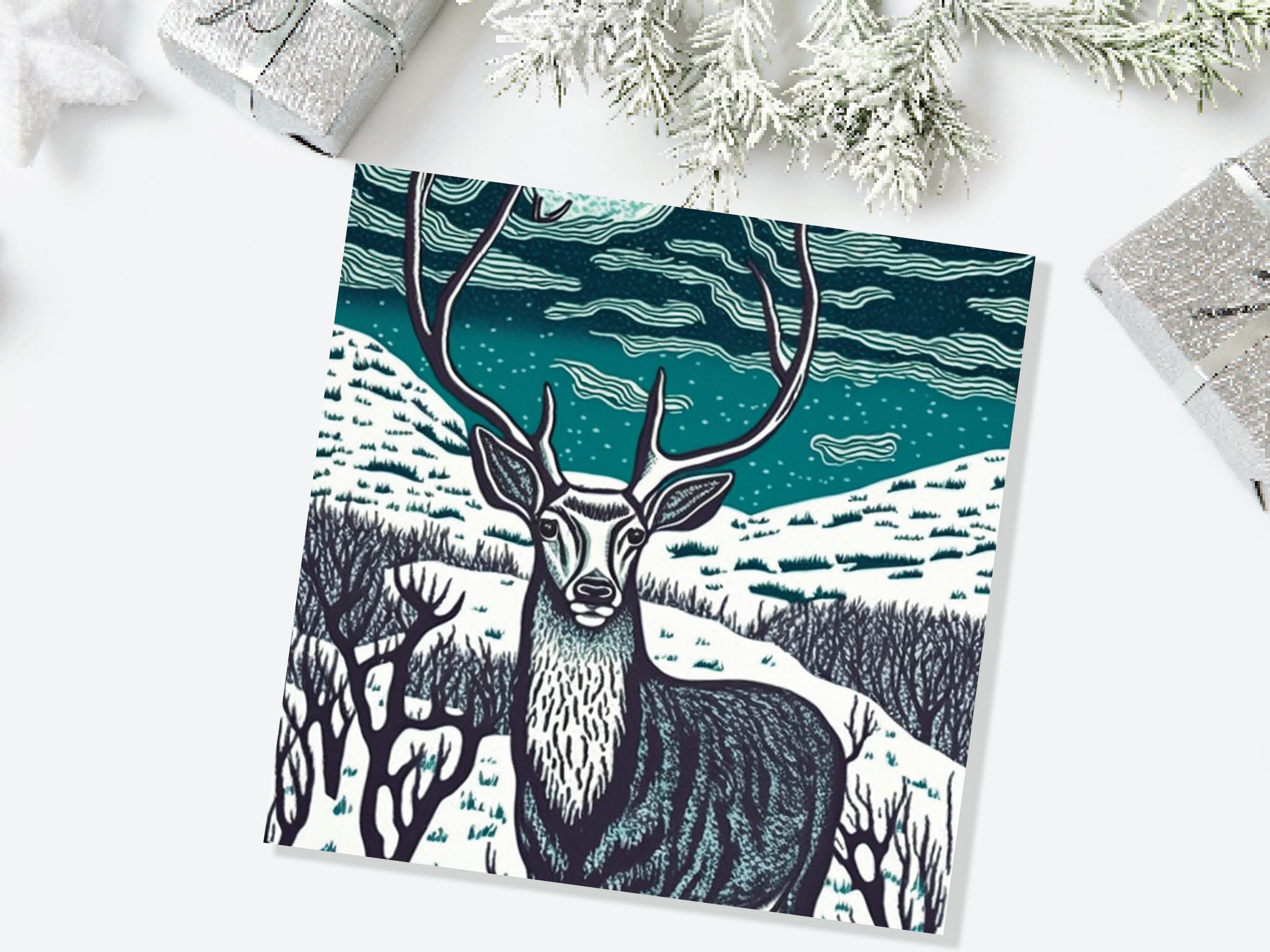 Deer Card Linocut Black and Blue Snowy Winter Landscape Highlands Snow Scene Mountains Sky Greetings For Family Friends Xmas 2025 Thank You - View 2