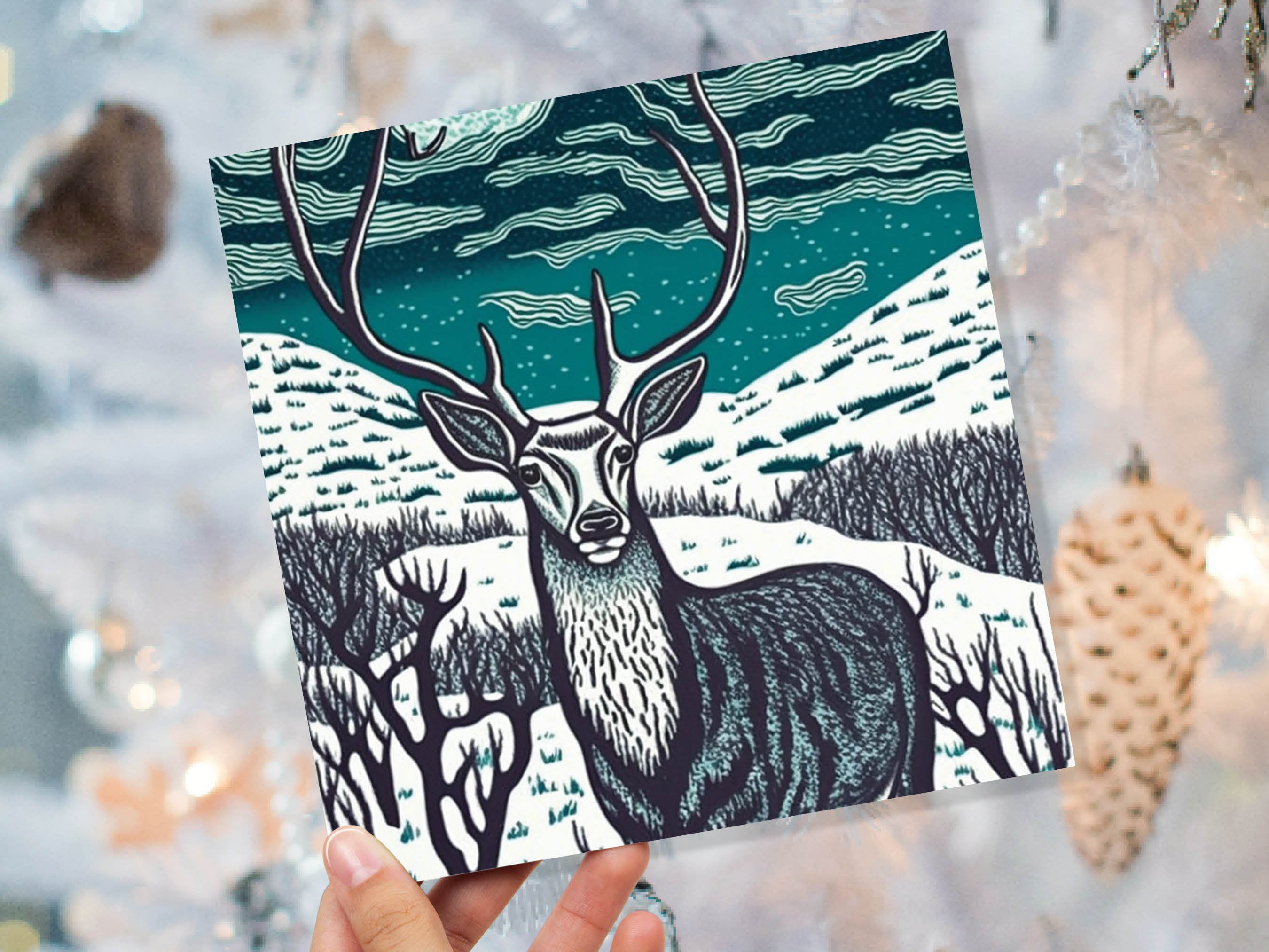 Deer Card Linocut Black and Blue Snowy Winter Landscape Highlands Snow Scene Mountains Sky Greetings For Family Friends Xmas 2025 Thank You - View 9