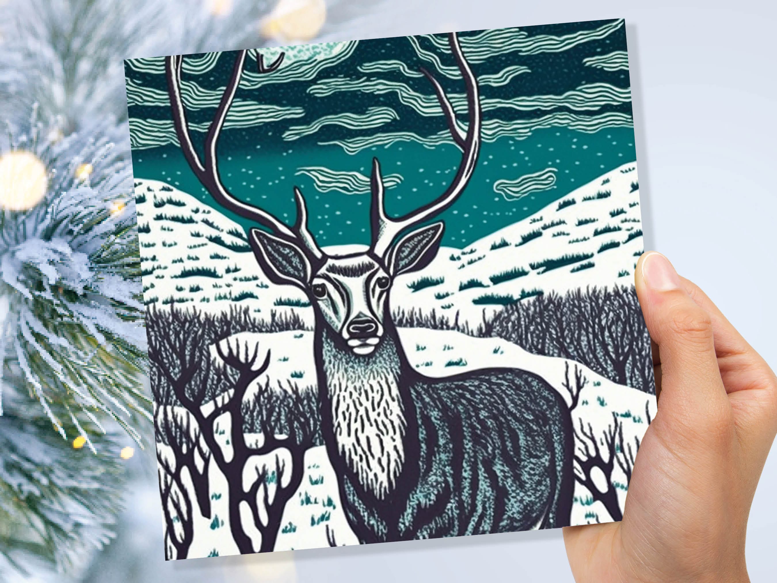 Deer Card Linocut Black and Blue Snowy Winter Landscape Highlands Snow Scene Mountains Sky Greetings For Family Friends Xmas 2025 Thank You - View 8