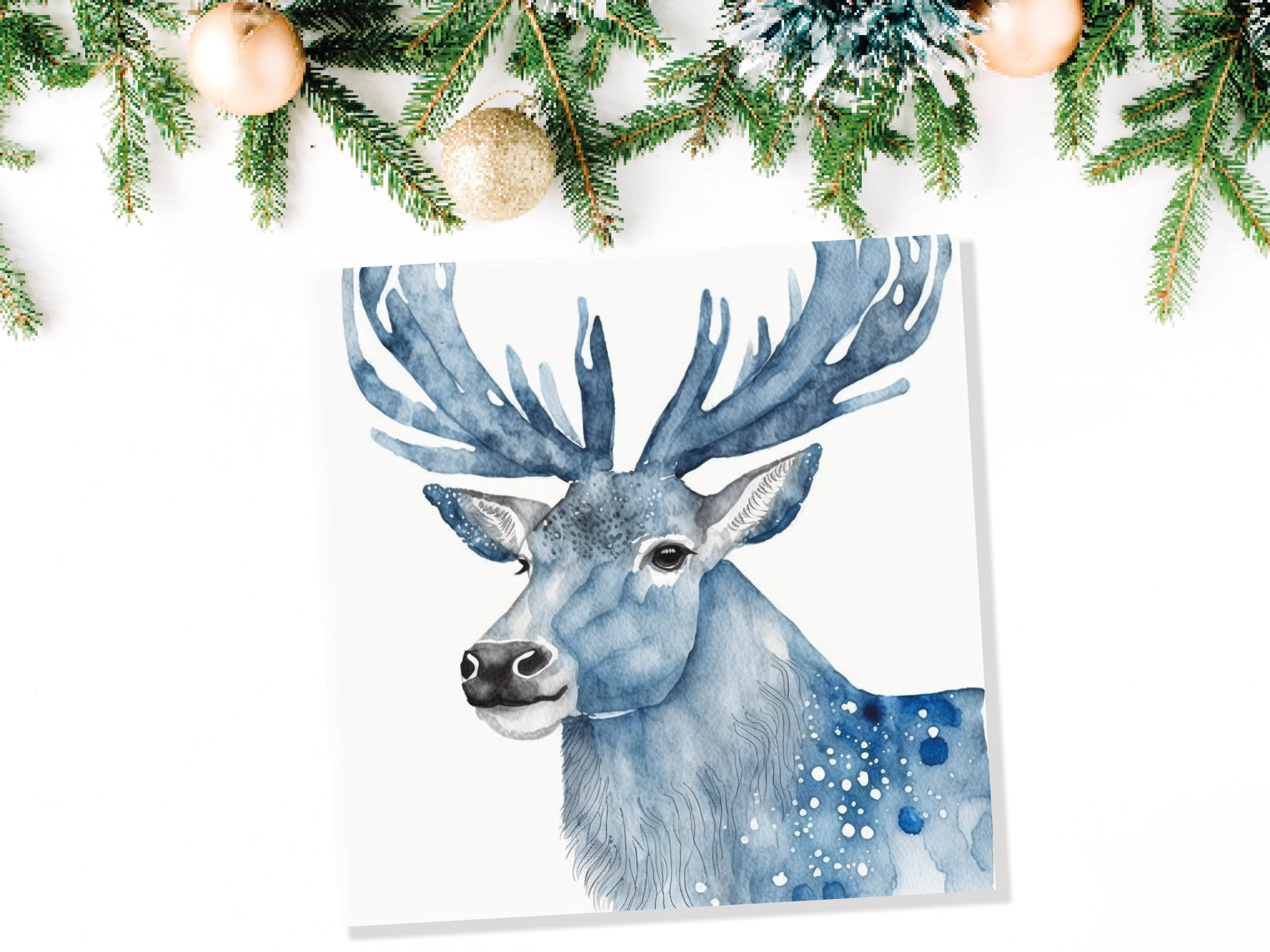 Watercolour Deer Card Blue Painted Winter Reindeer Magical Prussian Blues Elegant Icy Greetings Cards For Family Friends Xmas 2025 Thank You - View 6