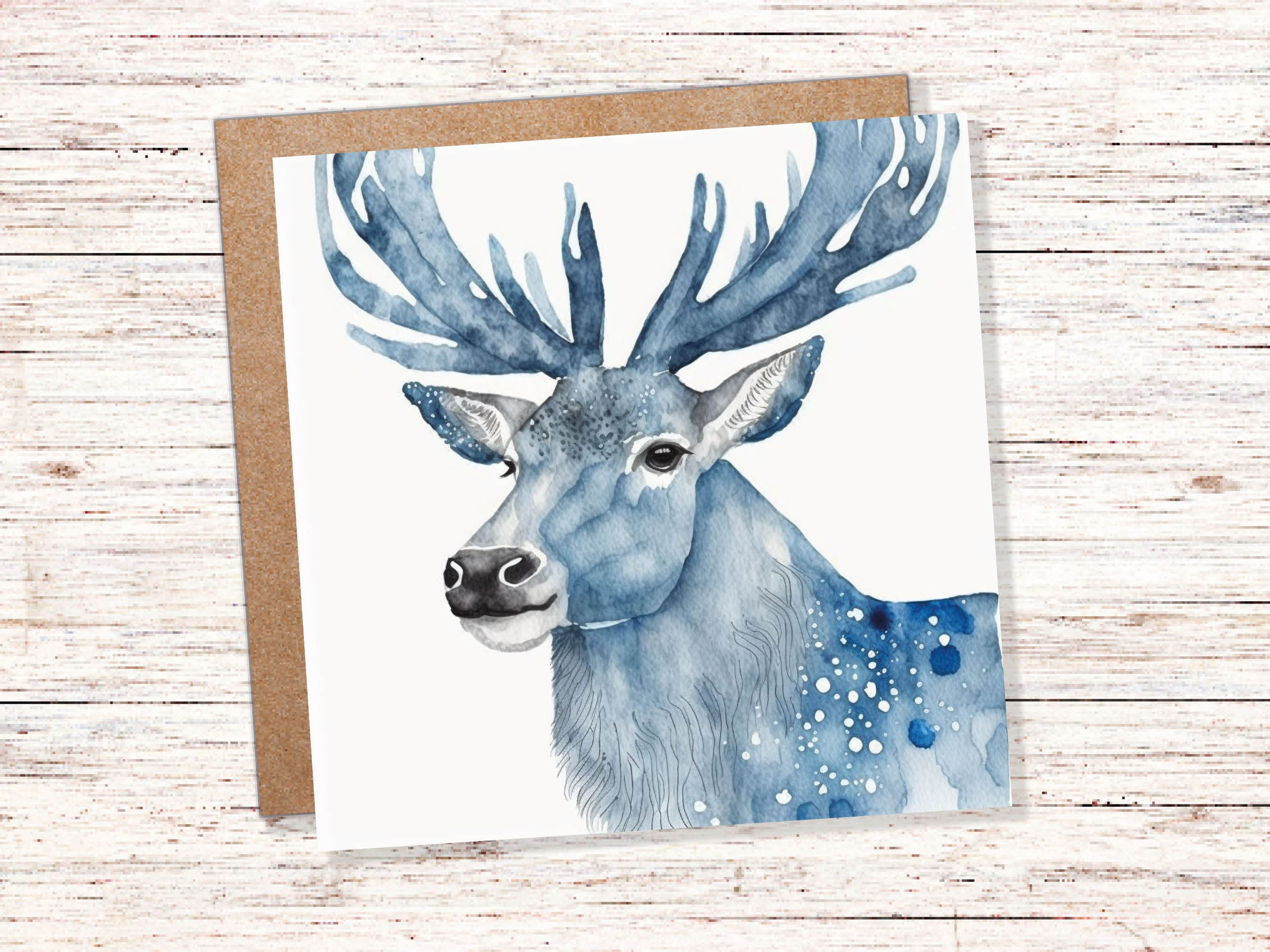 Watercolour Deer Card Blue Painted Winter Reindeer Magical Prussian Blues Elegant Icy Greetings Cards For Family Friends Xmas 2025 Thank You - View 2